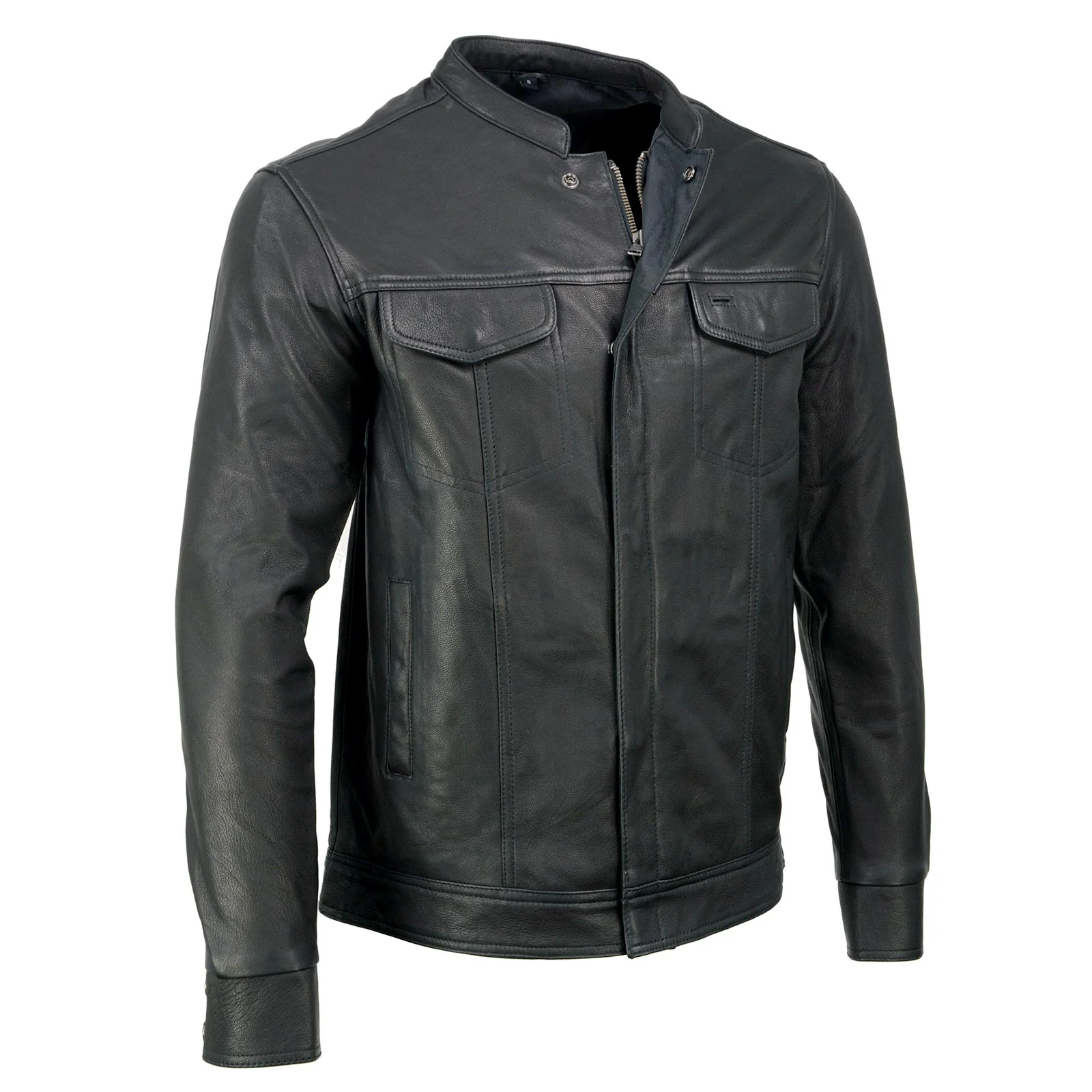 Premium Milwaukee Leather MLM1604 Men’s Stand-Up Collar Black Casual Biker Goat Skin Leather Shirt with Dual Closure Relaxed