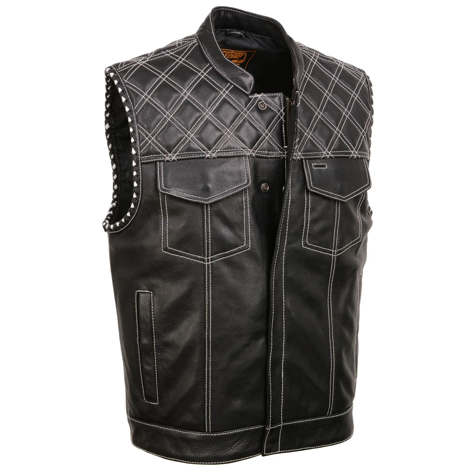 Easy-to-Use Milwaukee Leather MLM3525 Men’s Black ‘Paisley’ Accented White Stitching Leather Vest – w Armhole Trim Open Collar Design First-Class