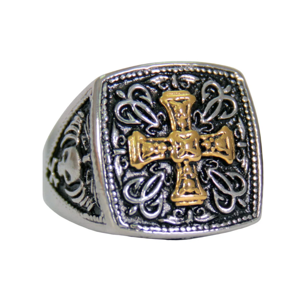 Clean Hot Leathers JWR2141 Men’s Silver ‘Gold Edition Greek Cross’ Stainless Steel Ring Casual