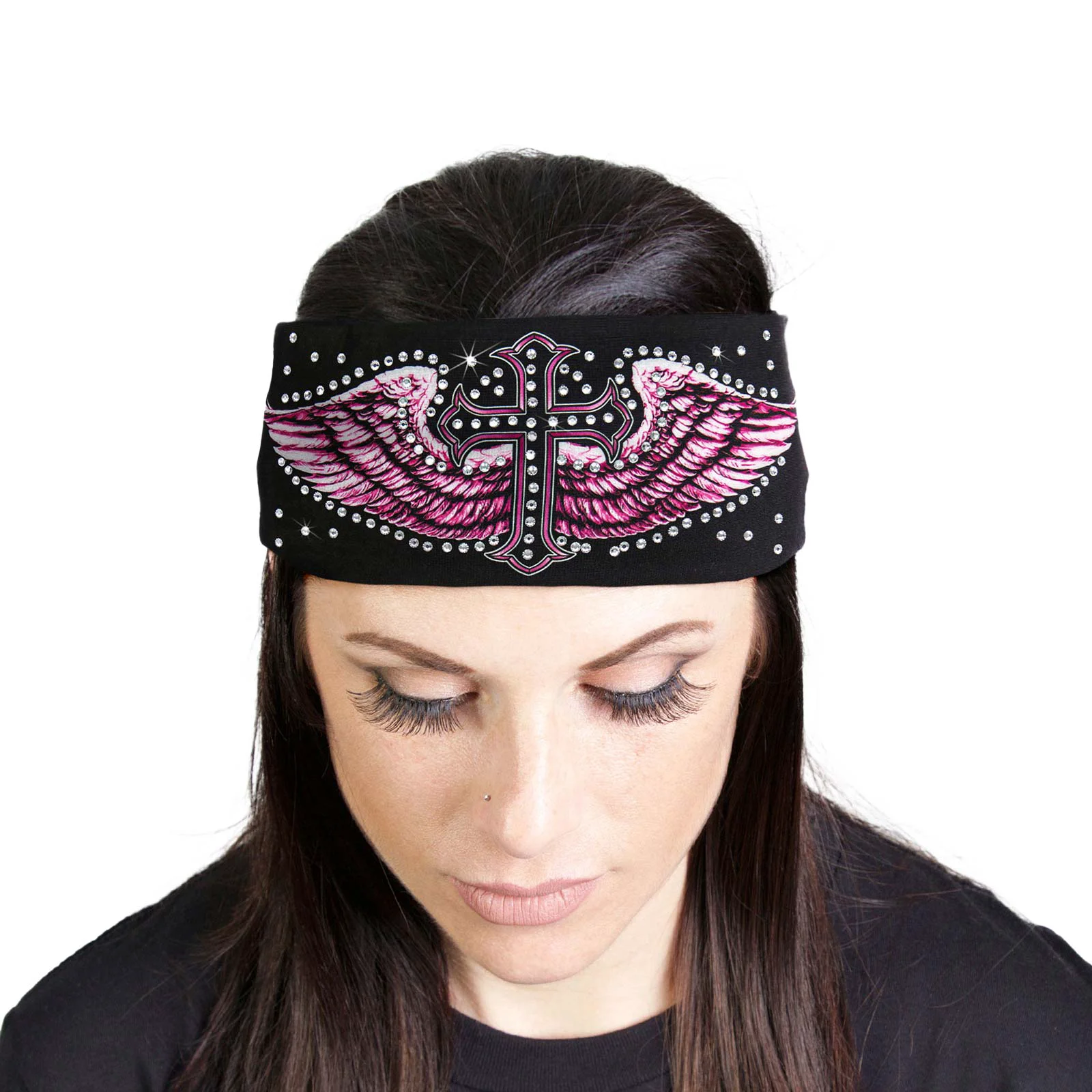 Durable Milwaukee Leather Bling Designed Wide Headbands-Headwraps for Women Biker Bandana with Cross Wings Alt – MLA8017 Clean