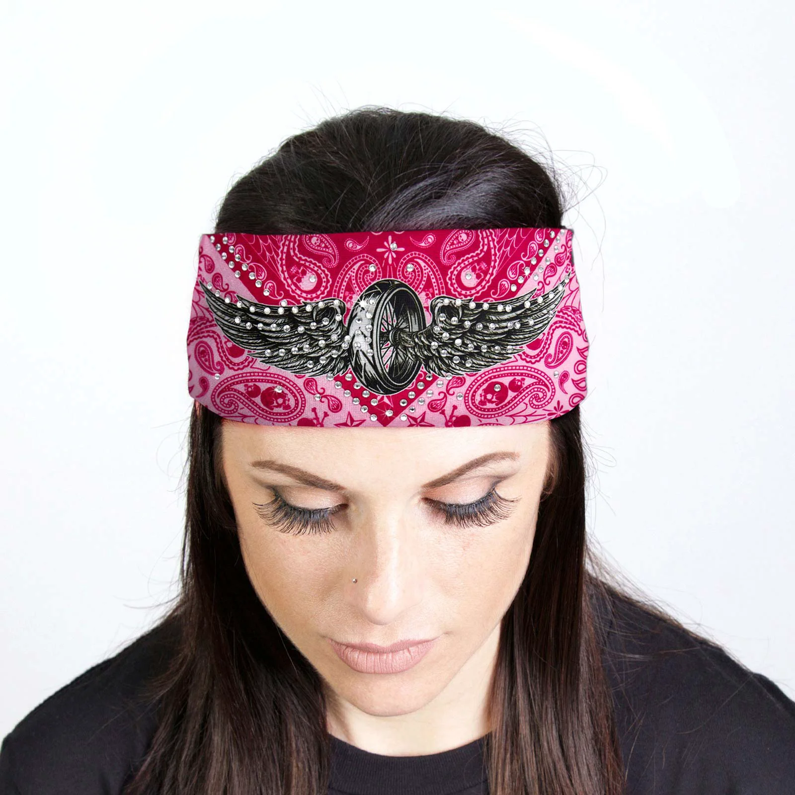 Organic Milwaukee Leather Bling Designed Wide Headband-Headwrap for Women Biker Bandana with Flying Wheel Shield- MLA8024 Enhanced