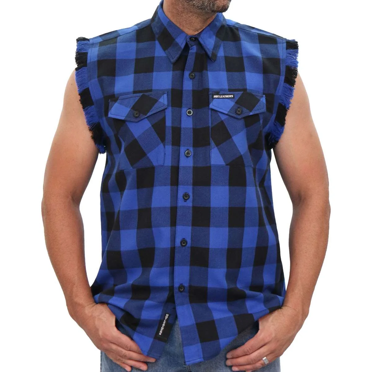 Artisan Hot Leathers FLM5208 Men's Sleeveless Fringe Blue and Black Flannel Shirt Breathable