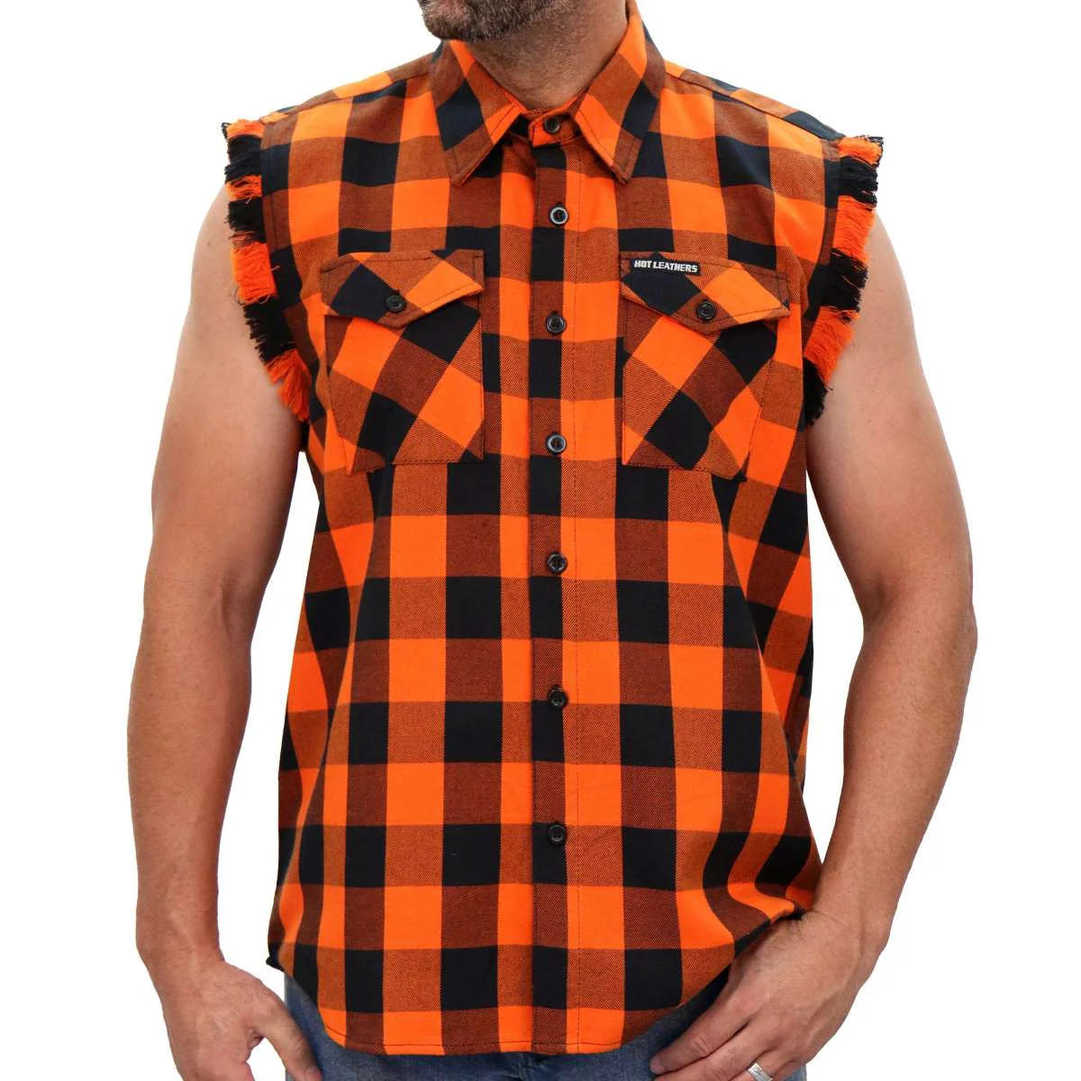 Relaxed Hot Leathers FLM5210 Men’s Sleeveless Fringe Orange and Black Flannel Shirt Trendy