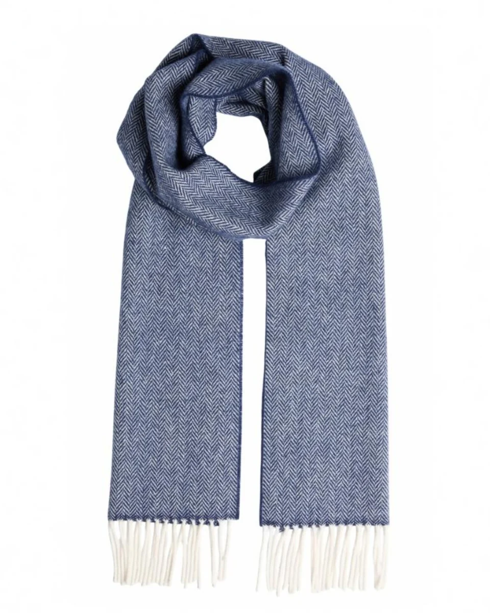 Elegant Foxford Navy Herringbone Lambswool Scarf Recyclable