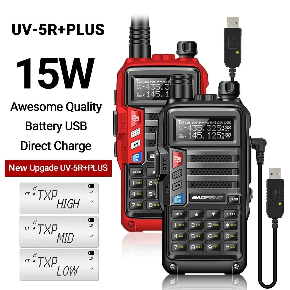 Eco-Friendly 15W UV-5R Plus UHF VHF Tri-Power Walkie Talkie Prestigious