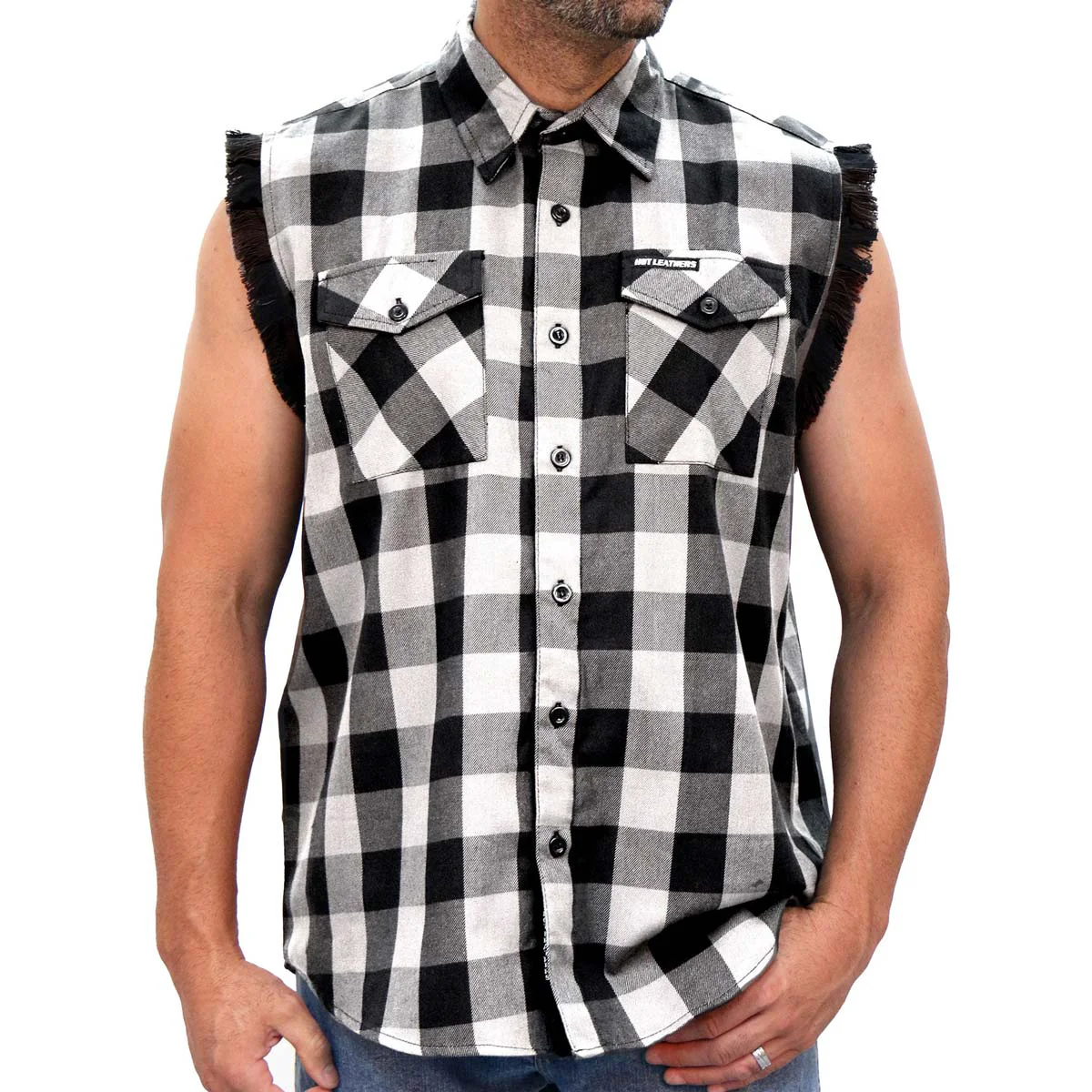 Next-Generation Hot Leathers FLM5202 Men’s Black and White Sleeveless Flannel Fringe Shirt Selected
