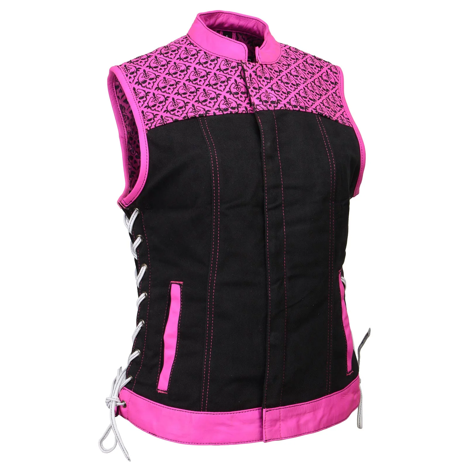 Luxury Milwaukee Leather MDL4051 Women’s ‘Skelly’ Black with Pink Motorcycle Denim Vest w Skull Embroidery Professional