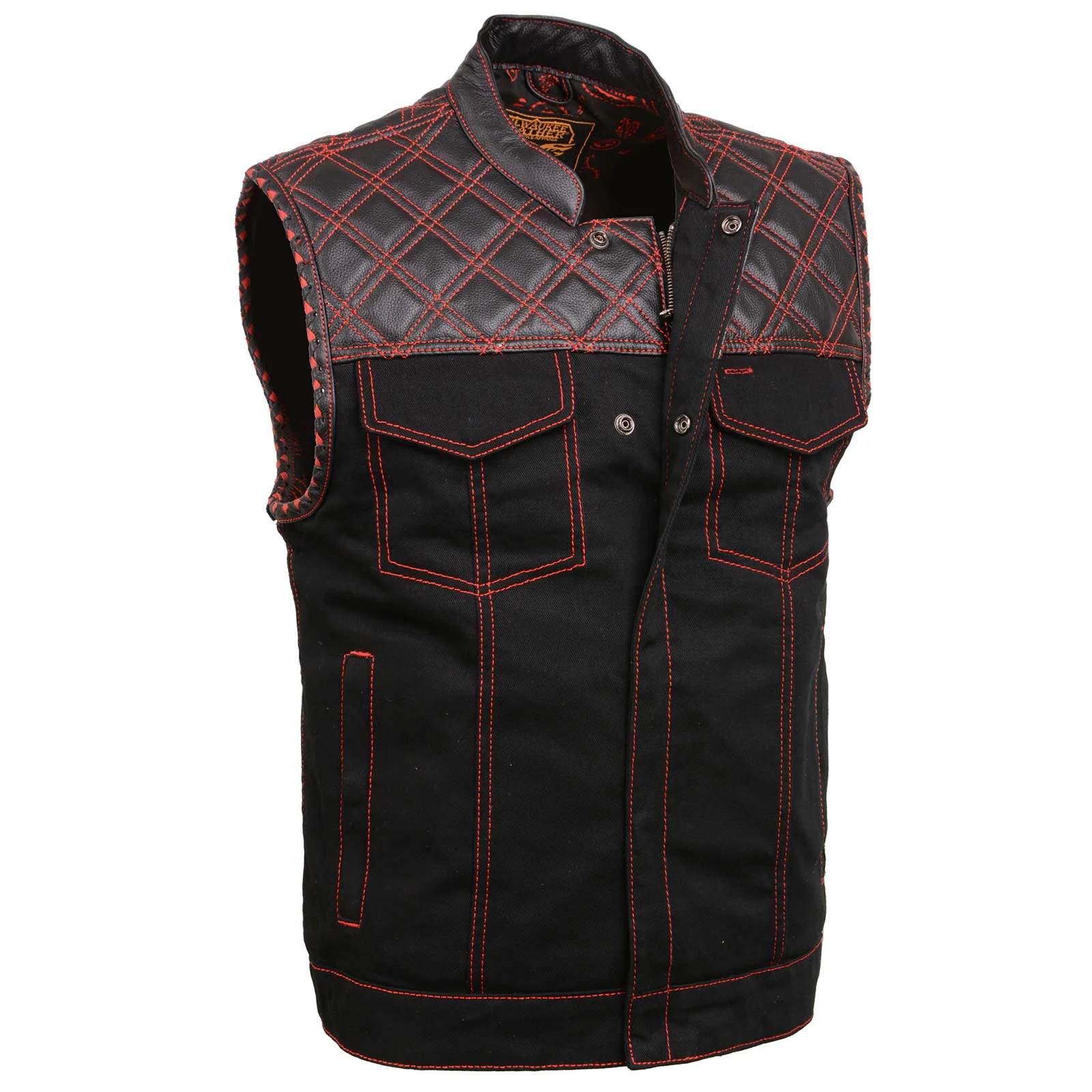 Convenient Milwaukee Leather MDM3036 Men s Wrecker Club Vest – Black Denim Leather Diamond Quilt Red Stitch Expertly Made