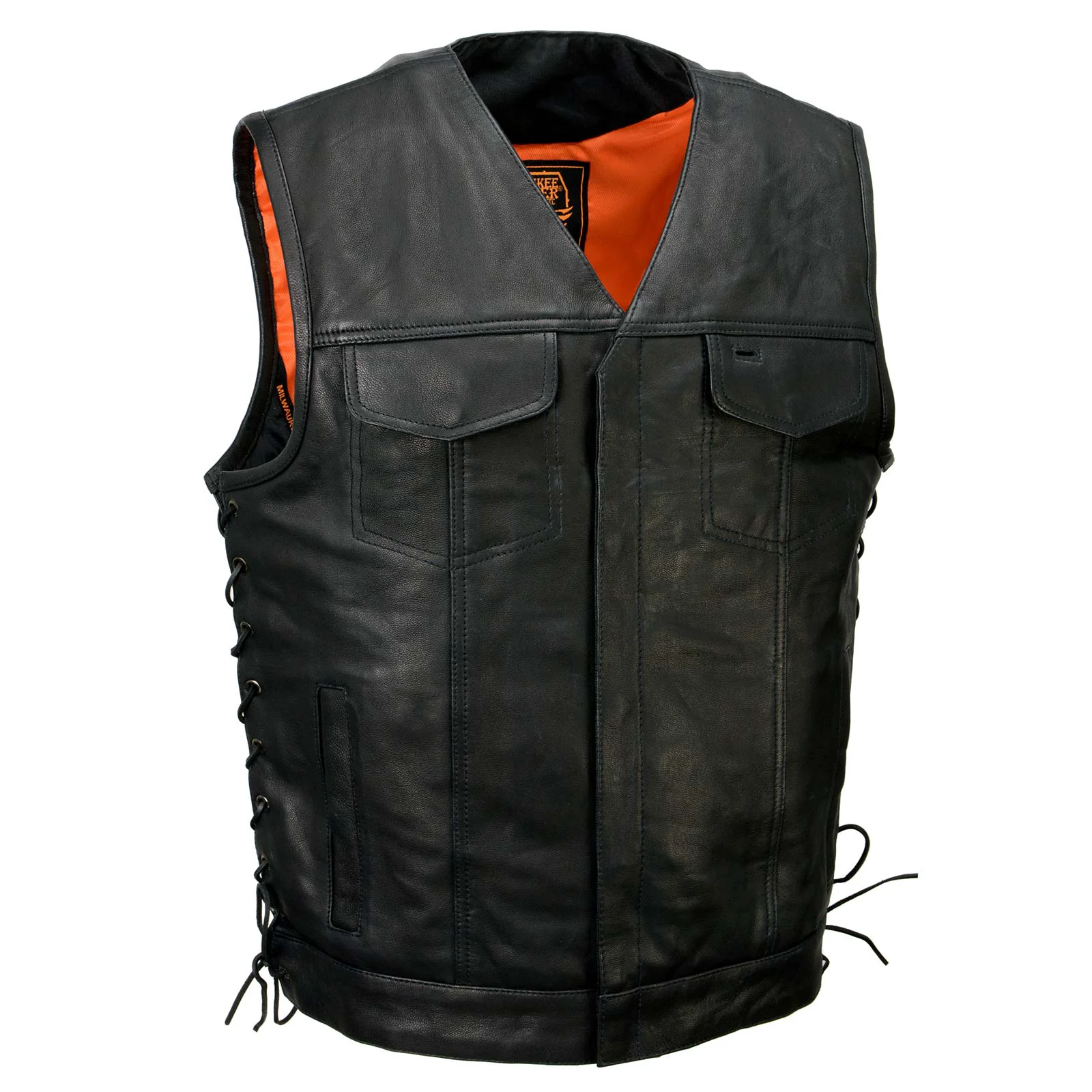 Detailed Milwaukee Leather MLM3504 Men’s Black ‘Pursuit’ V Neck Club Style Motorcycle Leather Vest with Adjustable Side Laces Sophisticated