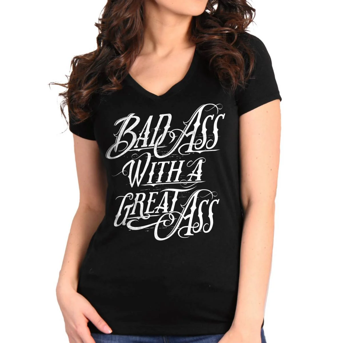 Top-Quality Hot Leathers GLC1589 Ladies Black Badass with A Great Ass V Burnout T-Shirt Smart