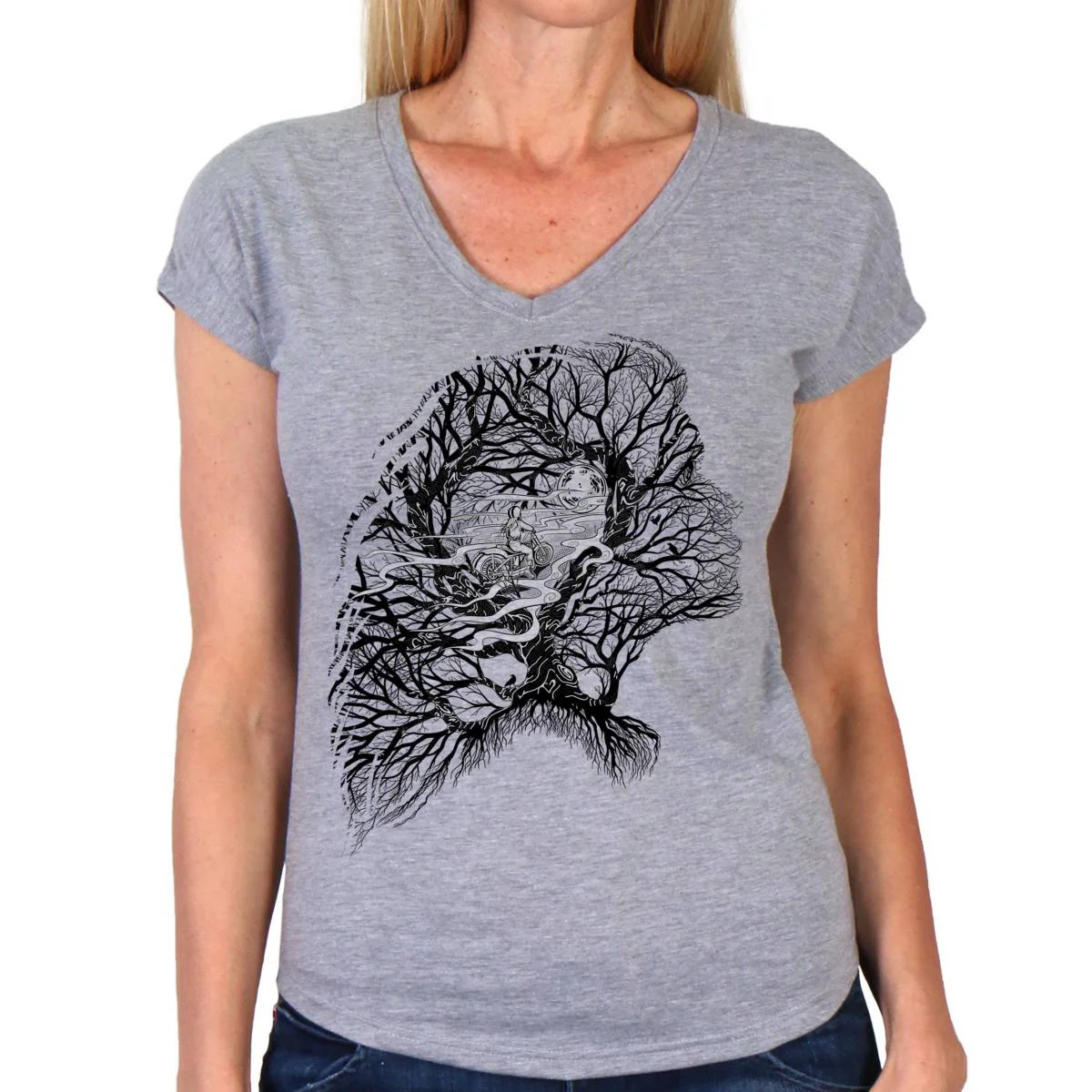 Unique Hot Leathers GLC1591 Ladies Heather Gray Riding Tree Silhouette V Neck T-Shirt Dependable