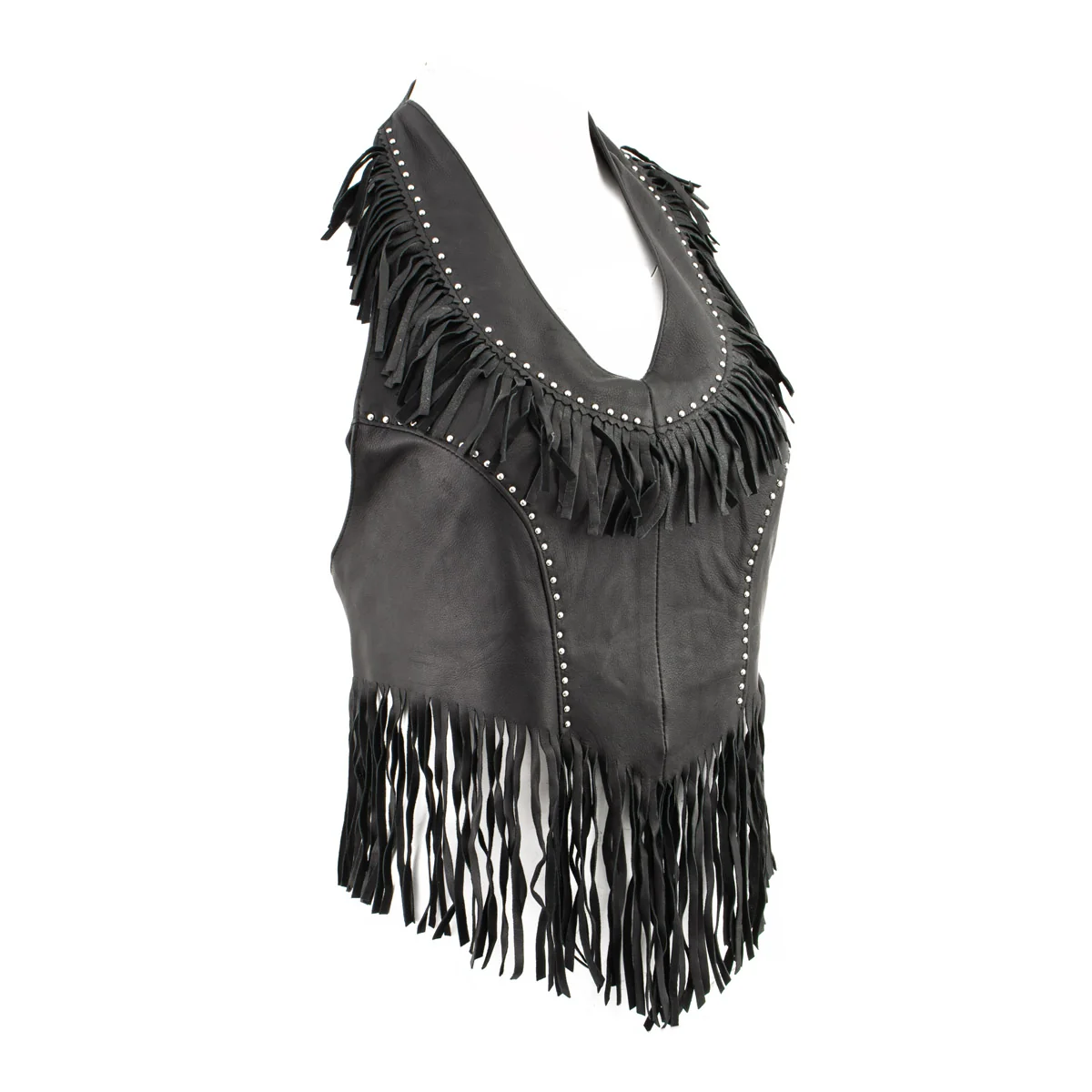 Easy-to-Use Leather ML1897 Ladies Fringed Black Leather Halter Top Outstanding