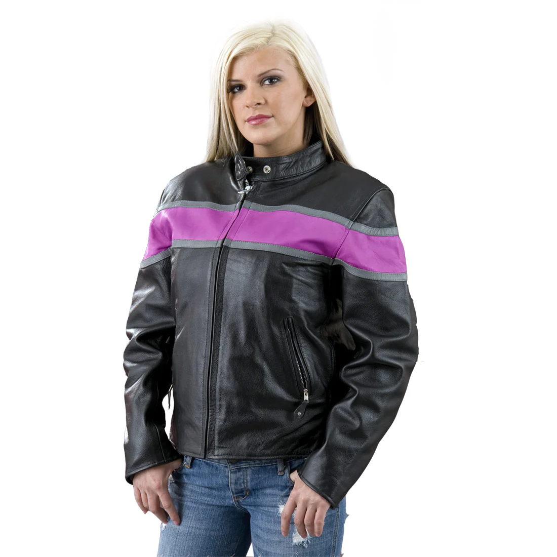 Advanced Leather EL7111 Ladies Black and Purple Racer Style Leather Jacket Professional