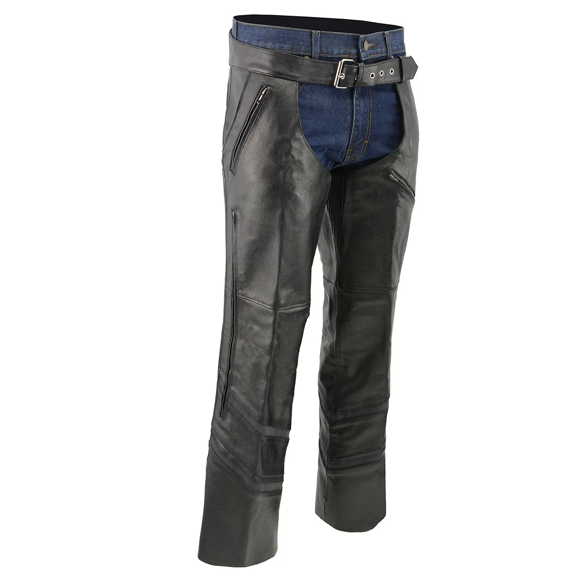 Soft Men s XS303 Black Jean Style Vented Leather Chaps with Reflective Material Natural