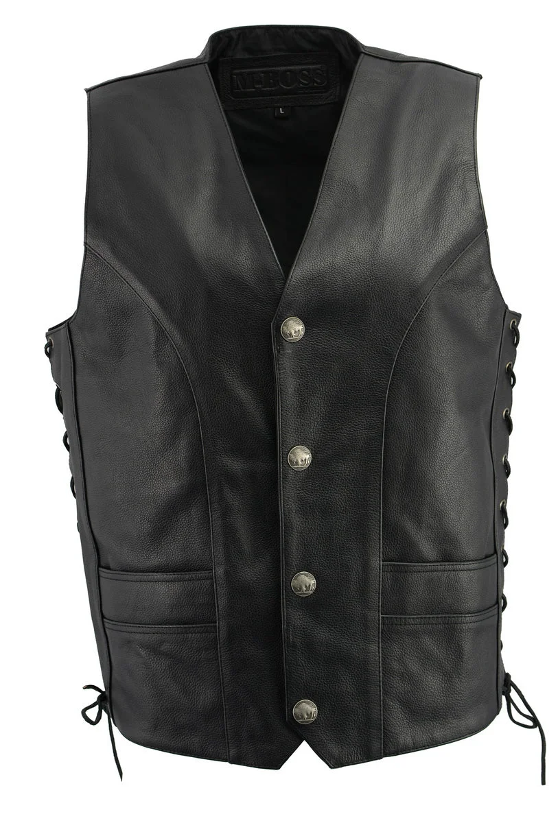 Authentic M Boss Motorcycle Apparel BOS13507 Men’s Black Side Lace Leather Vest with Buffalo Nickel Snaps Outstanding