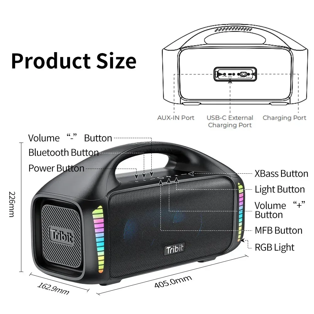 Eco-Friendly Outdoor Portable Bluetooth Speaker – IPX7 Waterproof Party and Camping Speaker with 30H Playtime Tribit StormBox Blast Wireless Bluetooth Speaker Main Features90W Powerful SoundBluetooth 5.3Up To 30hrs Of Playtime32 LED Ambient Light DesignIPX7 WaterproofCustomize EQ ModesBuilt-in PowerbankWireless Dual Stereo PairingSuitable For Multiple EnvironmentsProduct IntroductionWhat’s in the box Luxury
