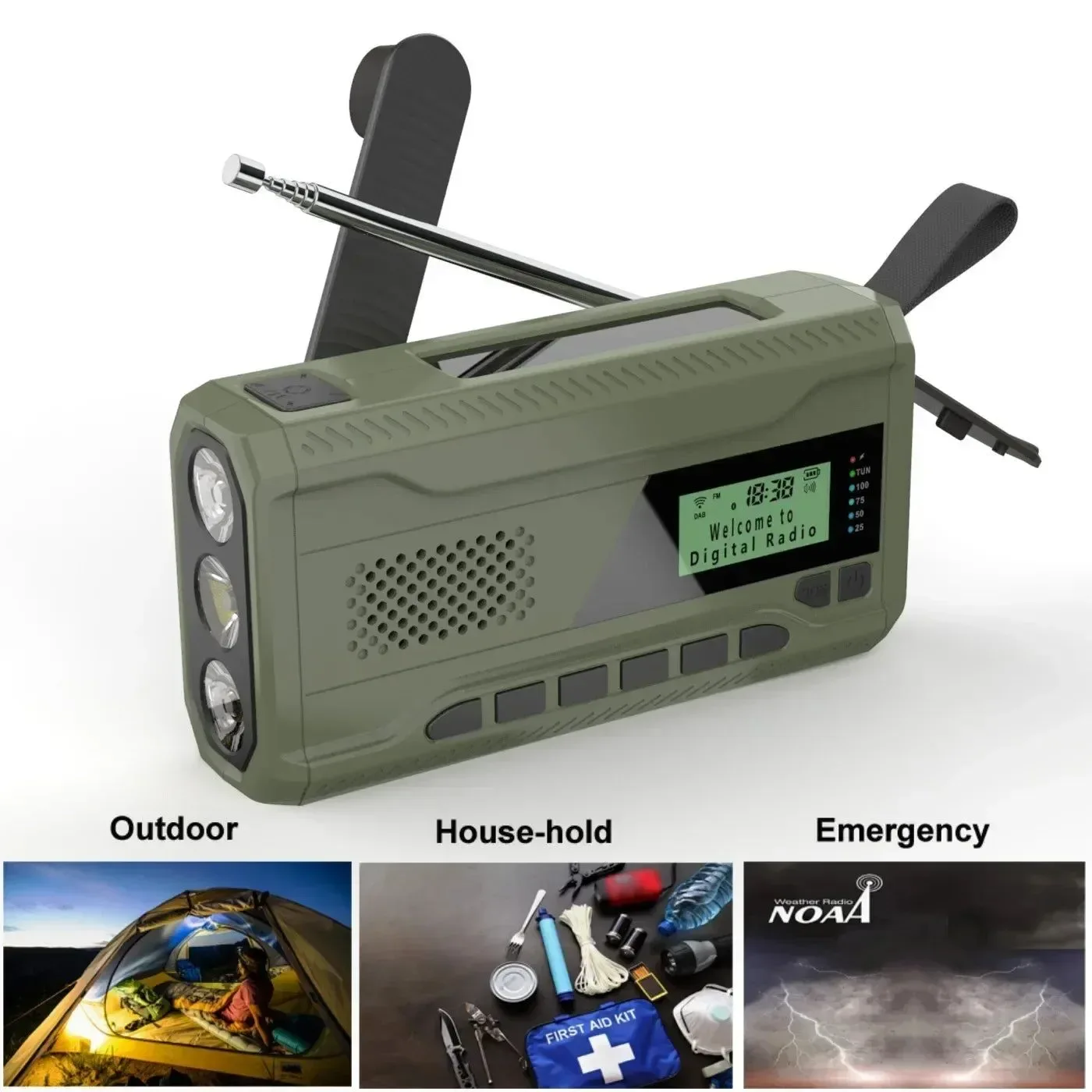 Convenient NOAA DAB FM Radio Emergency Radio Portable Solar Radio Receiver Hand Crank Dynamo Outdoor Bluetooth Speaker with LED Flashlight Safe