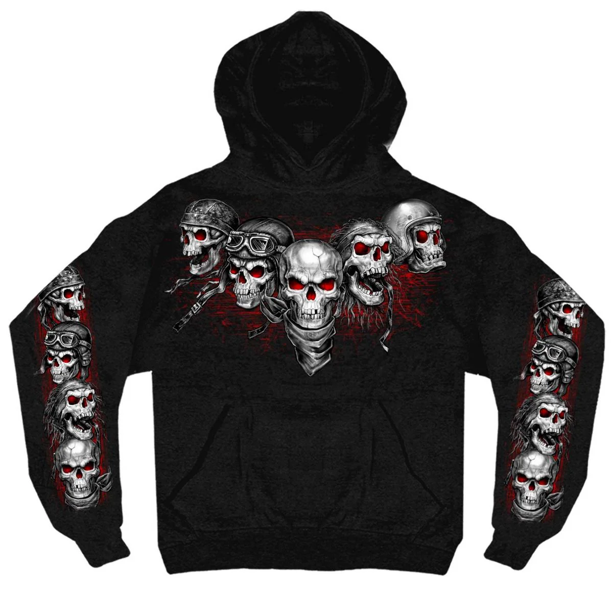 Artisan Hot Leathers GMS4539 Black Hoodie Pullover Sweater with Red 5 Skulls Artwork Prestigious