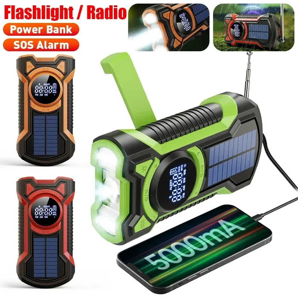 Convenient Solar Emergency Weather Radio Bluetooth-Compatible Hand Crank Phone Charger LED Flashlight SOS Alarm Clean