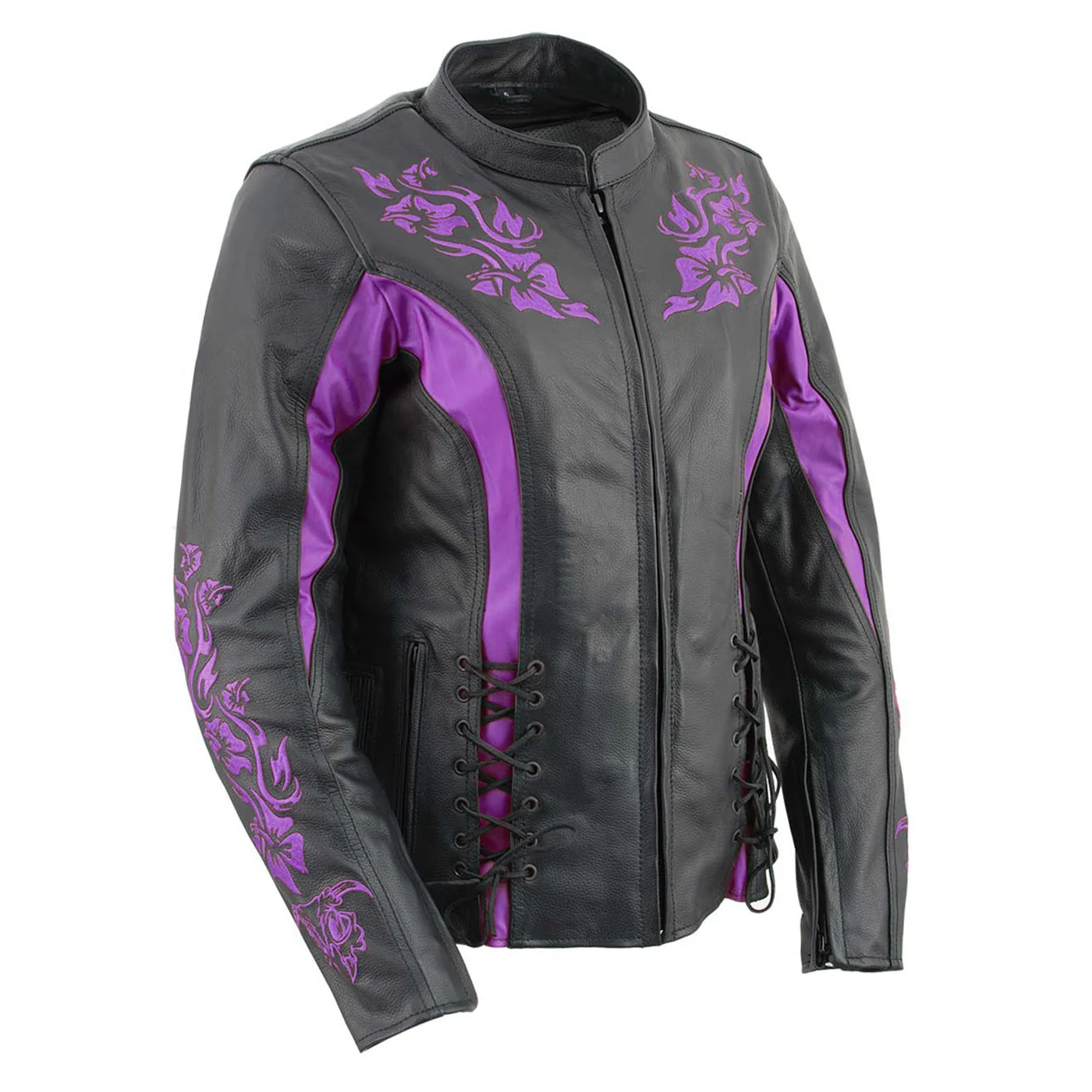 Functional Milwaukee Leather LKL27002 Women’s Premium Black and Purple Leather Embroidered Jacket with CE Armor Protection Comfortable