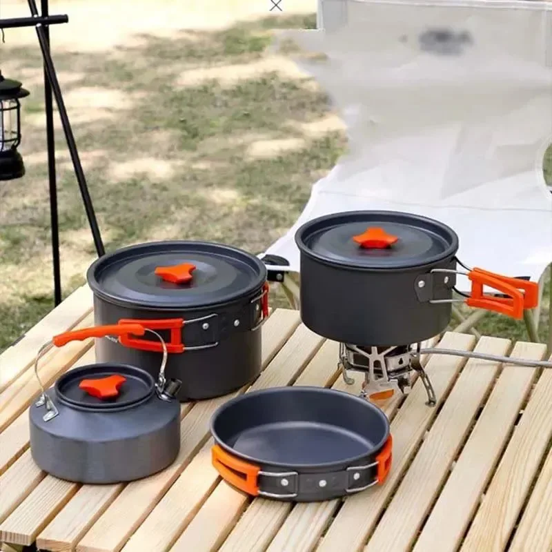 High-Performance Camping Cookware Set Portable Aluminum Outdoor Tableware Cookset Cooking Kit with Pan Bowl Kettle and Pot for Hiking BBQ and Picnic Excellent