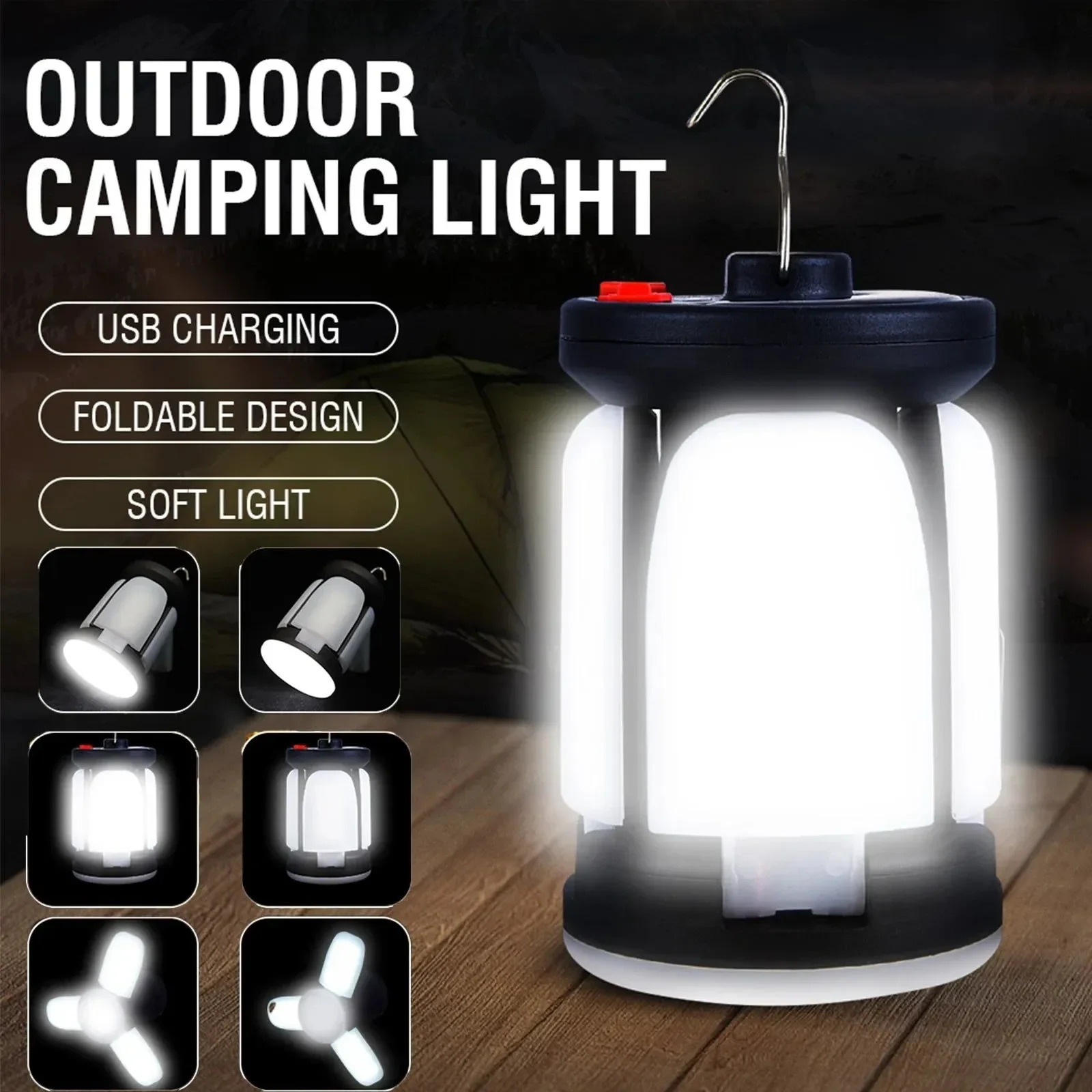 Clean High Power Solar LED Camping Lantern Rechargeable 4500mAh 1000LM Emergency Power Bank Foldable with 6 Light Modes Environmentally Friendly