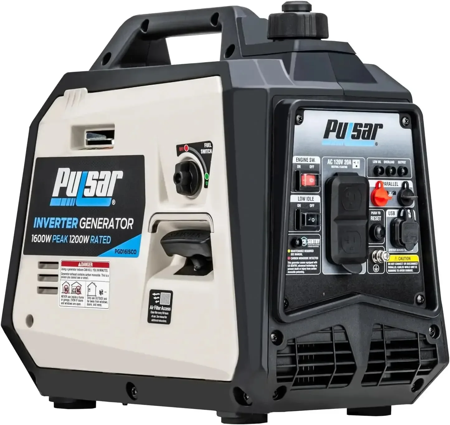 Modern 120V Outlets USB Ports-Pulsar 1600W Ultra-Light Quiet Portable Gas Inverter Generator- CARB Compliant 6.5-Hour Runtime Dependable