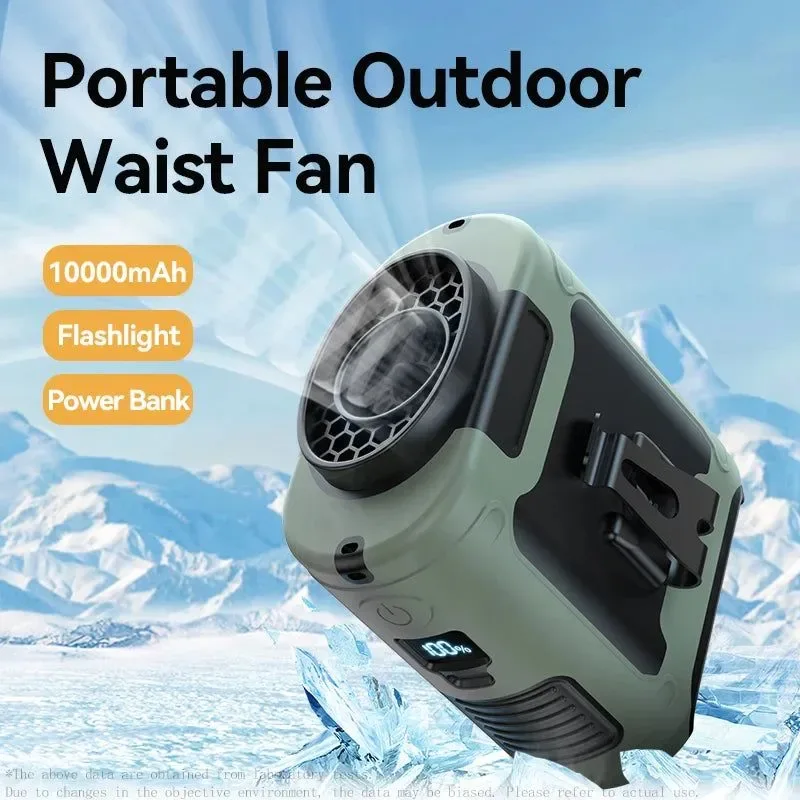Genuine 10000mAh Portable Outdoor Waist Fan – Hanging Neck Strong Wind with Power Bank LED Lighting Luxury