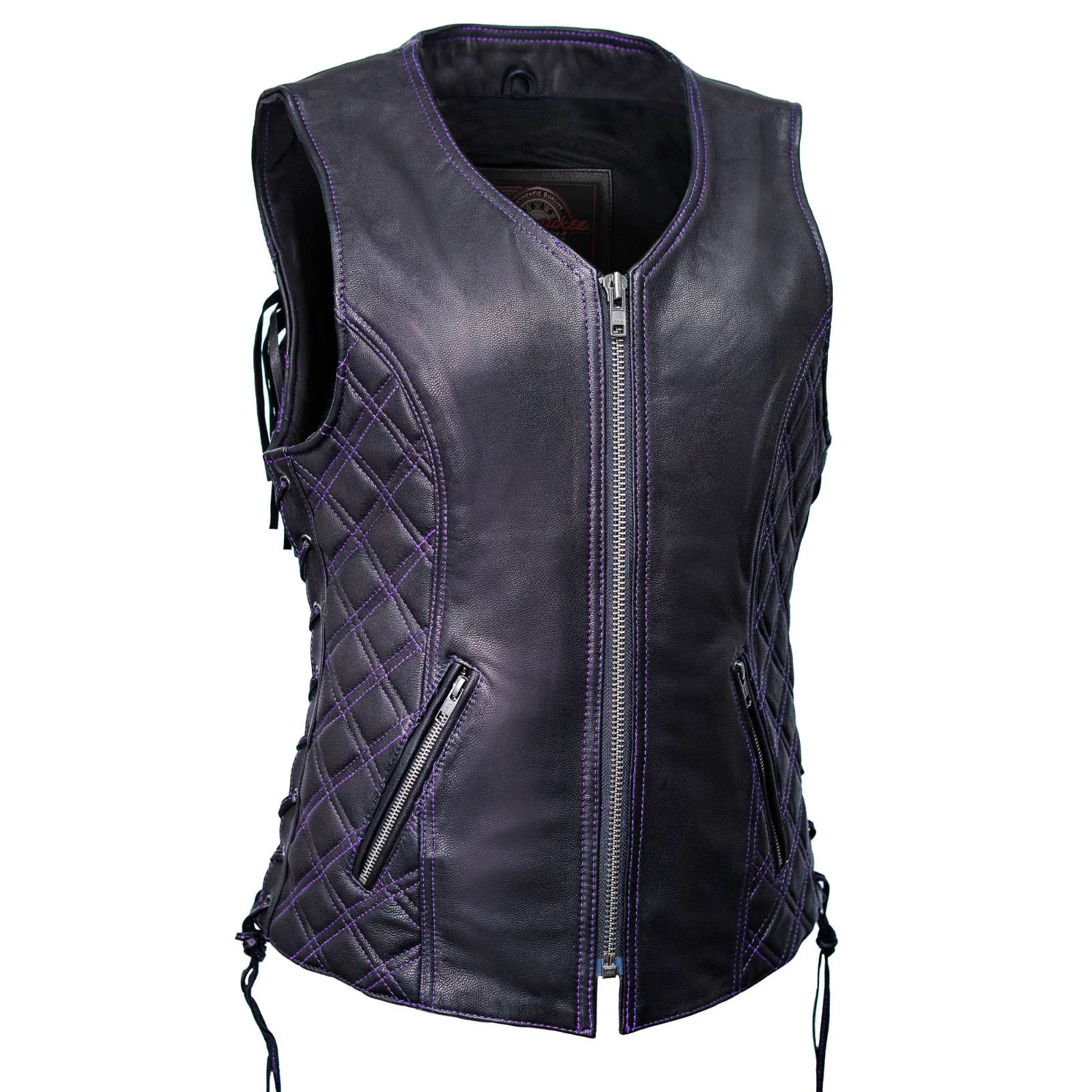 Casual MMCC Women’s Low Key Black Purple Leather Motorcycle Vest – MMC40006 Authentic