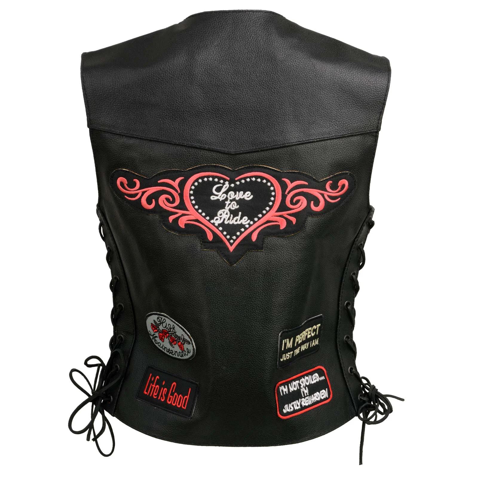 Green Event Leather ELL4900 Women’s Classic Black Leather Side Laced Motorcycle Riders Vest w 9 Patches Advanced