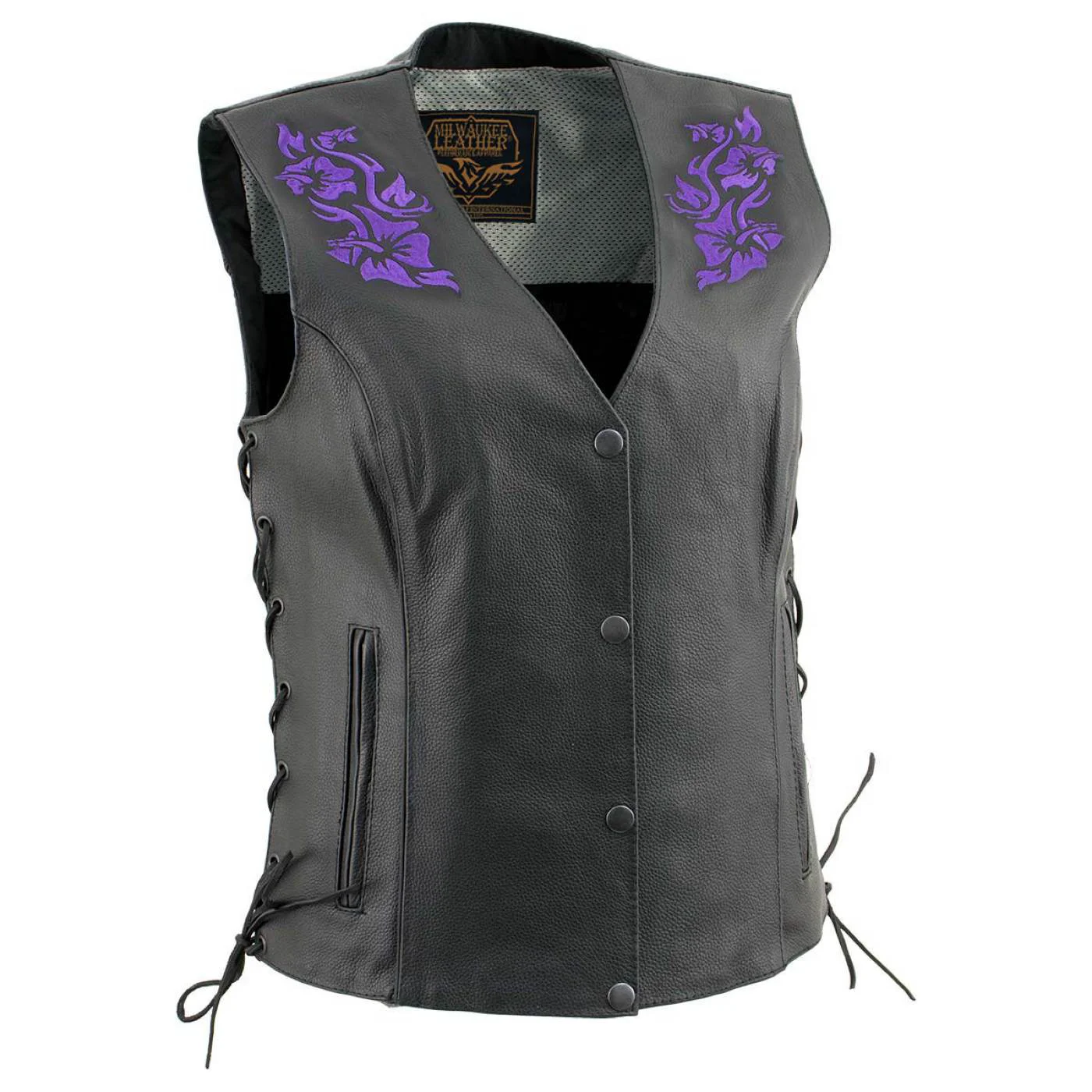 Premium Milwaukee Leather Women’s Gemma Black Purple Leather Motorcycle Vest with Side Laces – LKL4717 Breathable