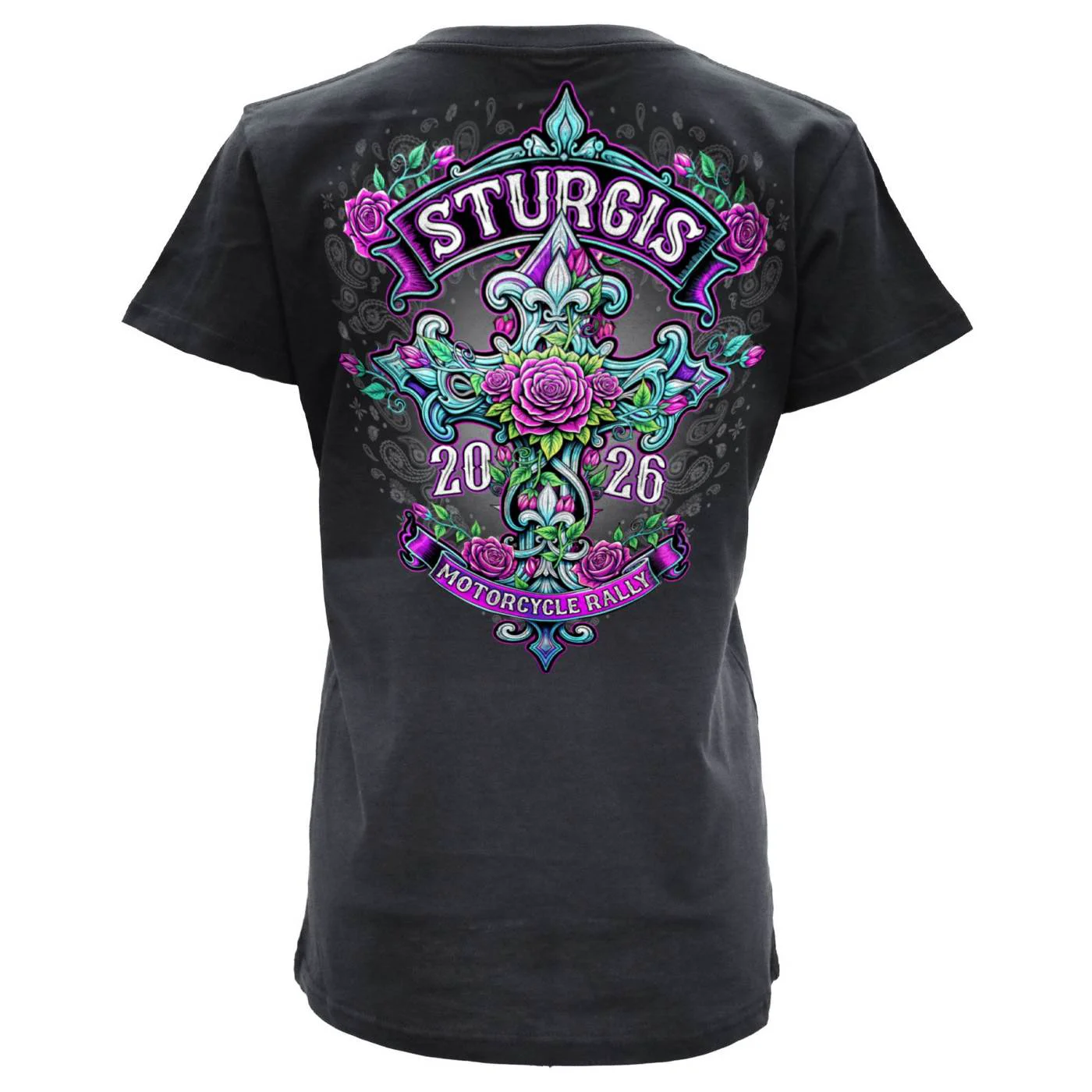 Recyclable 2026 Ladies Sturgis Motorcycle Rally Cross de Lis Black Short Sleeve V-Neck T-Shirt – SPL1939 Relaxed