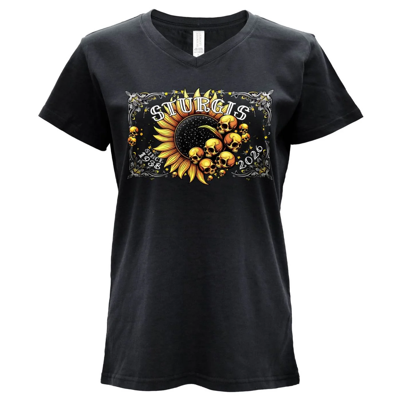 Organic 2026 Ladies Sturgis Motorcycle Rally Cosmic Flowers Black Short Sleeve V-Neck T-Shirt – SPL1937 Environmentally Friendly