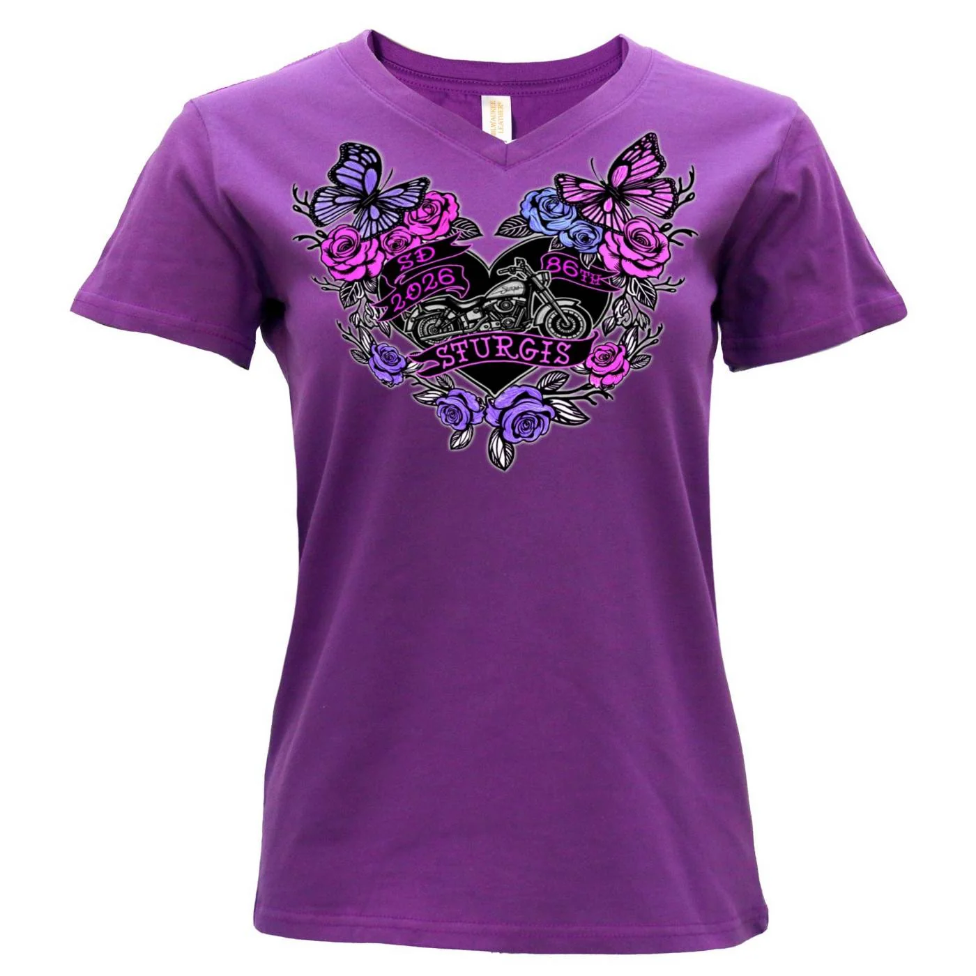 First-Class 2026 Ladies Sturgis Motorcycle Rally Butterflies and Roses Purple Short Sleeve V-Neck T-Shirt – SPL1936 Verified