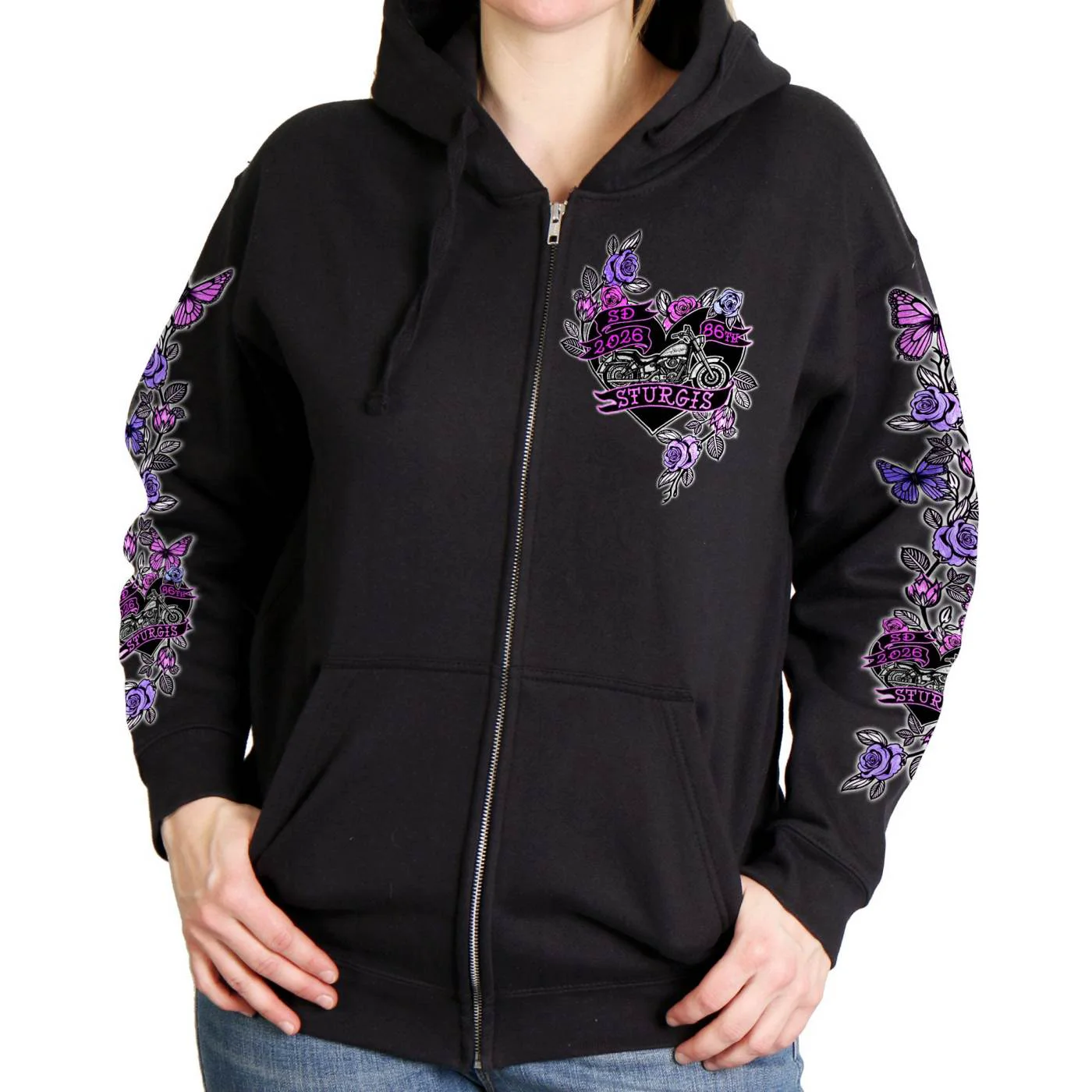 Unique 2026 Ladies Sturgis Motorcycle Rally Butterflies and Roses Black Zip-Up Hoodie – SPL4891 Prestigious
