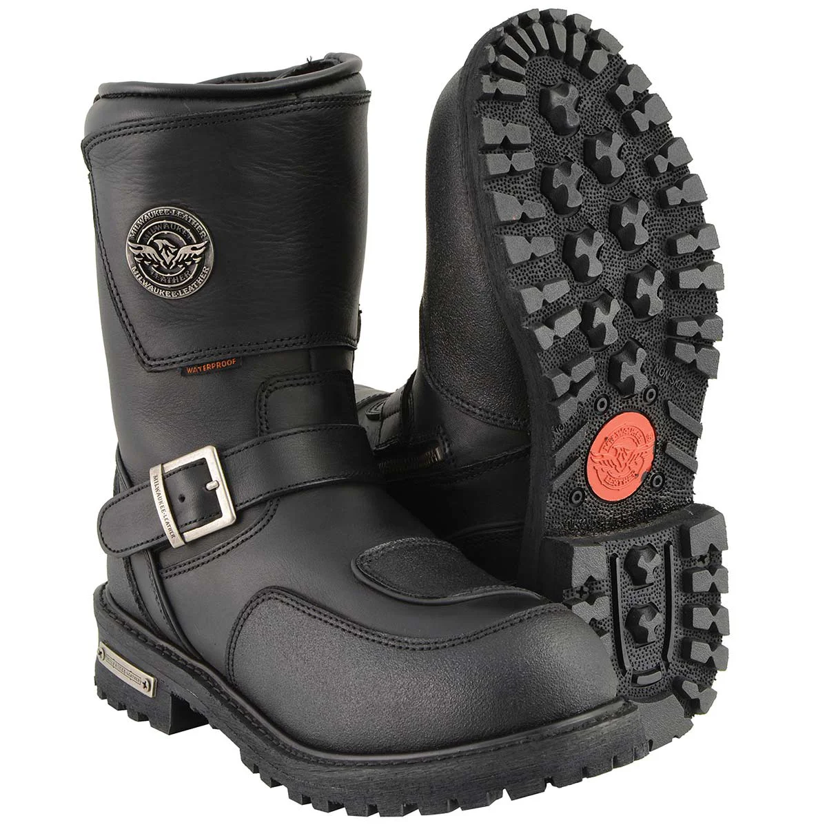 Safe Milwaukee Leather Men’s Black Wide Width 9-inch Waterproof Engineer Leather Biker Boots with Reflective Piping MBM9071WP High-Performance