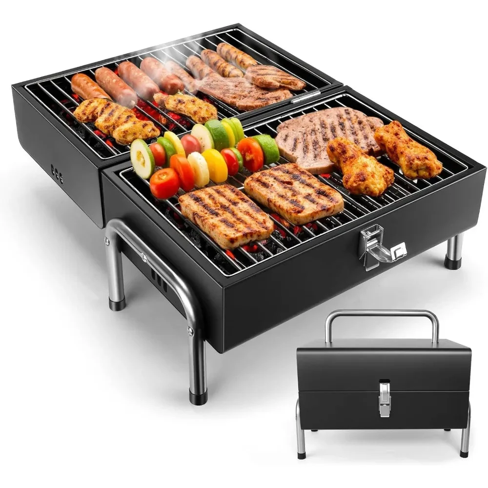 Refined Portable Charcoal Grill – Tabletop BBQ Grill for Camping Beach Outdoor Use Heavy-Duty Easy Assembly Multi-Use Black Innovative