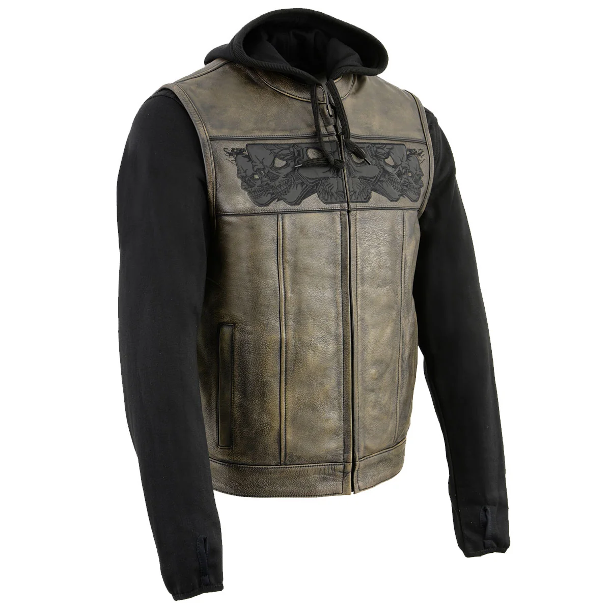 Modern Milwaukee Leather MLM3561 Men’s Hell Raiser 2 in 1 Distress Brown Leather Vest w Removeable Hoodie – Reflective Skull Artwork Crafted