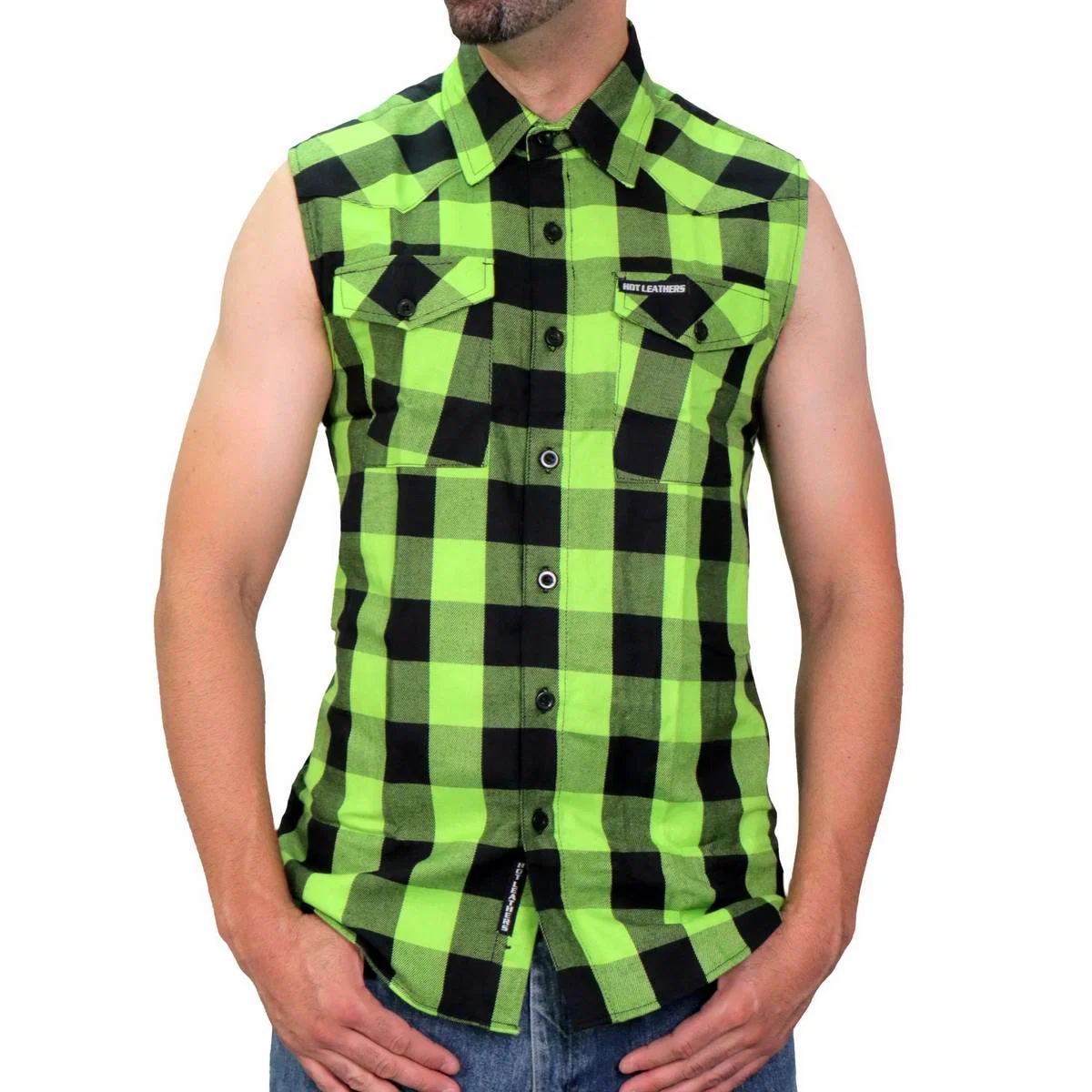 Detailed Hot Leathers FLM5002 Men s Black and Green Sleeveless Cotton Flannel Shirt Durable