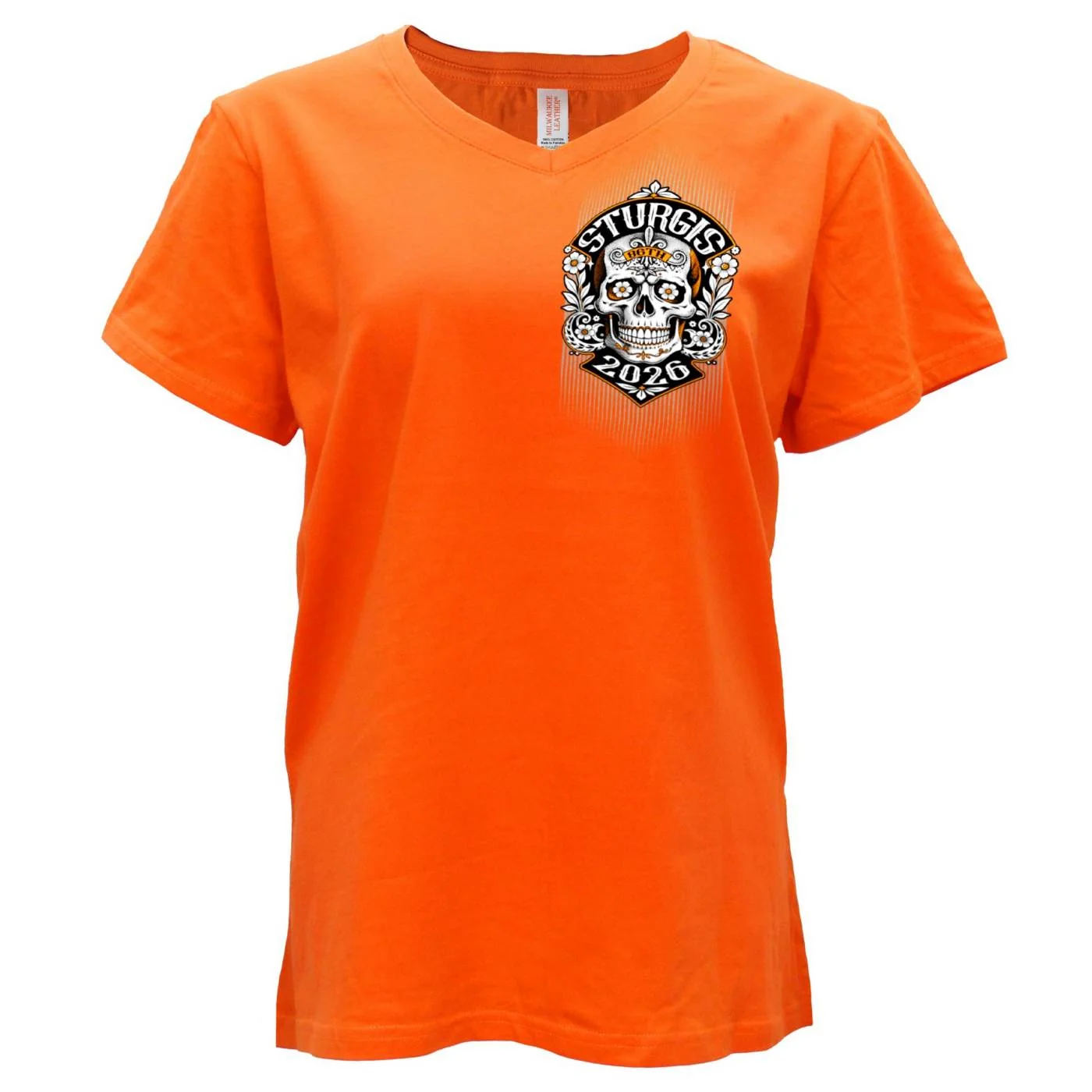 First-Class 2026 Ladies Sturgis Motorcycle Rally Sugar Skull Orange Short Sleeve V-Neck T-Shirt – SPL1950 Selected