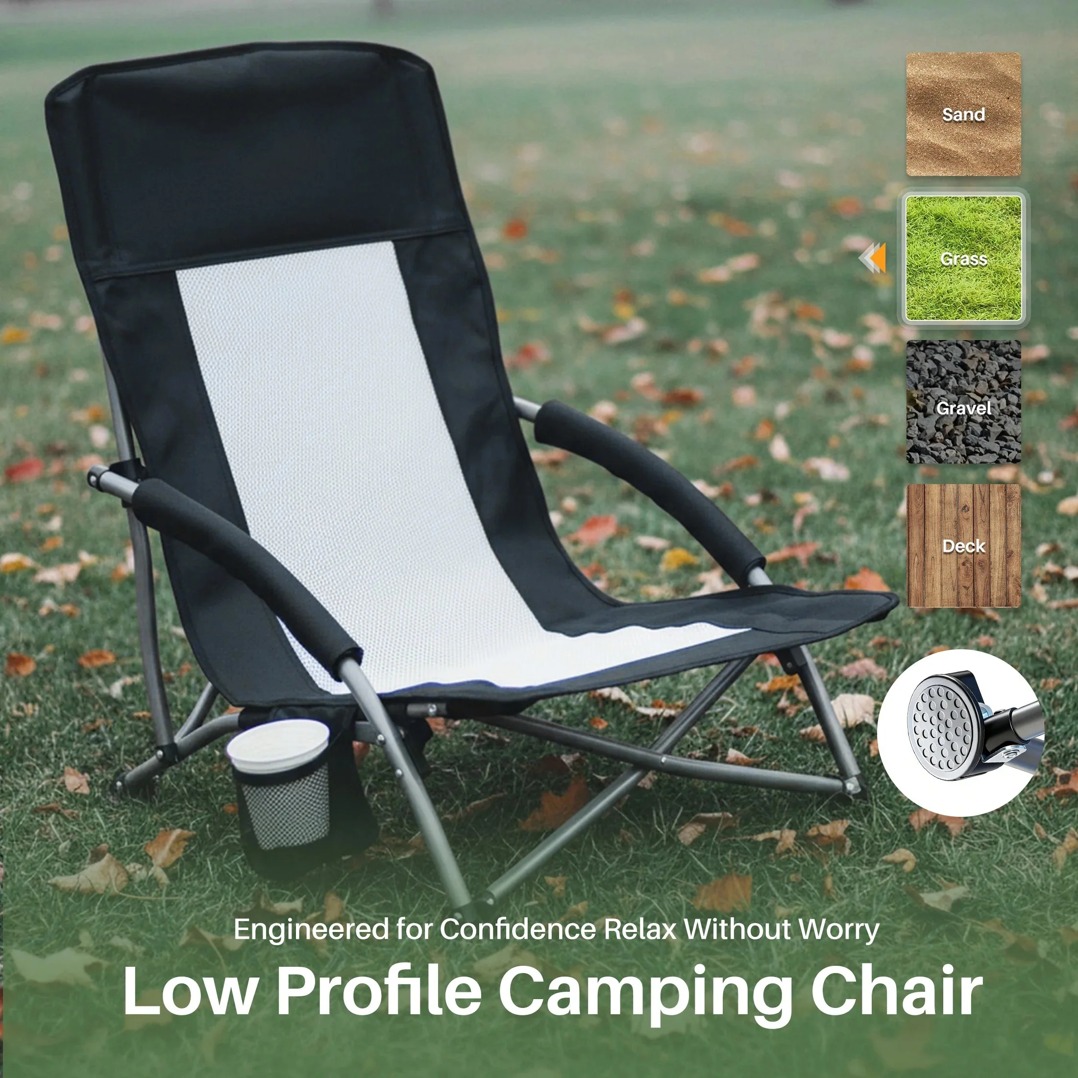 Lightweight JHK Portable Low Folding Beach Chair – Mesh Back Padded Armrests Cup Holder Storage Pocket for Beach Camp Picnic Pure