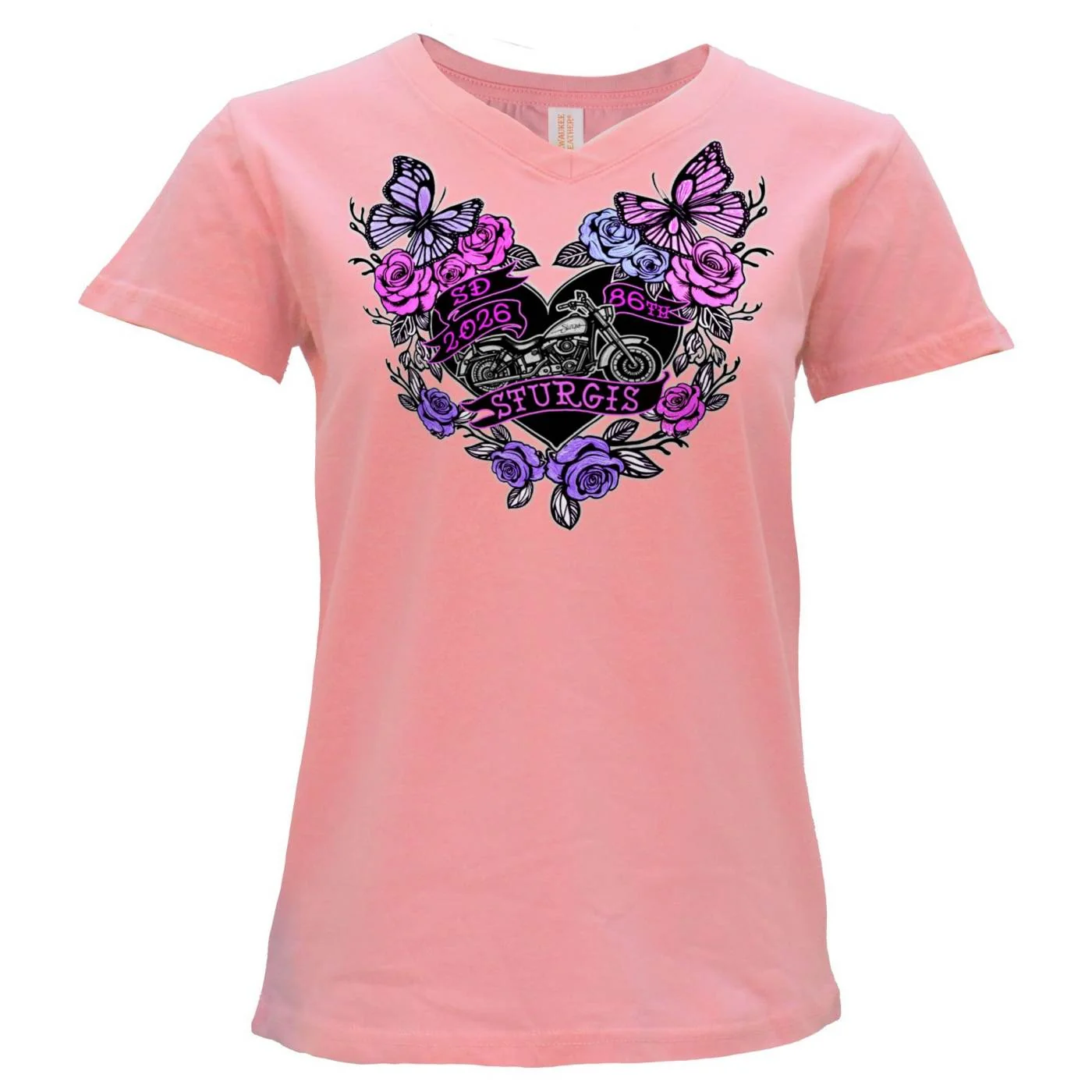 High-End 2026 Ladies Sturgis Motorcycle Rally Butterflies and Roses Pink Short Sleeve V-Neck T-Shirt – SPL1935 Expertly Made