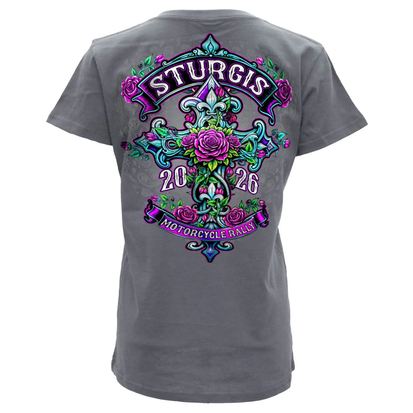 Refined 2026 Ladies Sturgis Motorcycle Rally Cross de Lis Gray Short Sleeve V-Neck T-Shirt – SPL1940 Comfortable