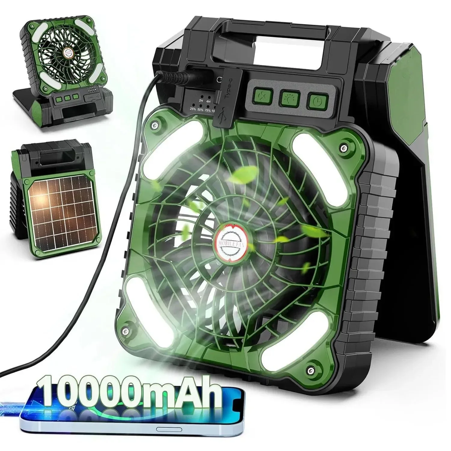 Soft Linterna LED portátil para acampar con energía solar de 10000 mAh y ventilador 4 velocidades de viento potente batería recargable plegable a 90°. Long-Lasting