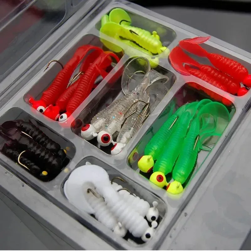 Powerful 21-Piece Soft Fishing Lure Kit – Jig Head Hooks with Grub Worms Shrimp Baits for Freshwater Saltwater 2g-3.5g Weights Clean