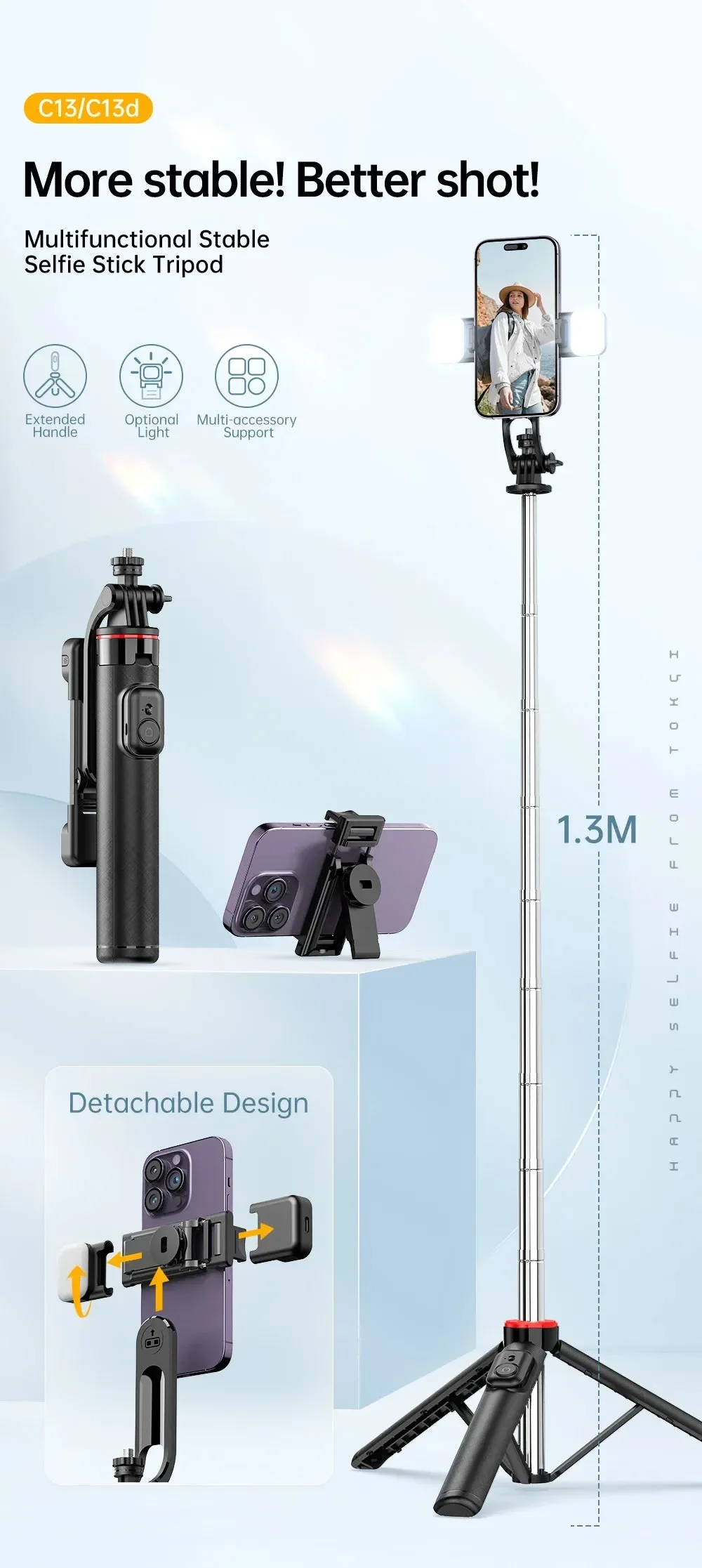 Carefully Designed Portable Selfie Stick Tripod with Bluetooth Remote 360° Phone Holder Relaxed