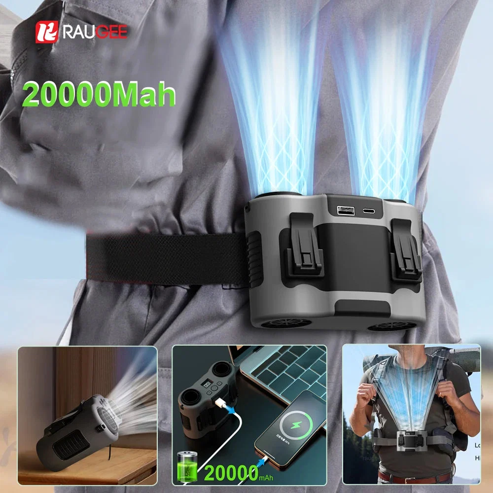 Elegant 20000mAh Wearable Waist Clip Fan – Dual Air Outlet USB Rechargeable Hands- Cooling for Hiking Outdoor Work Fashionable