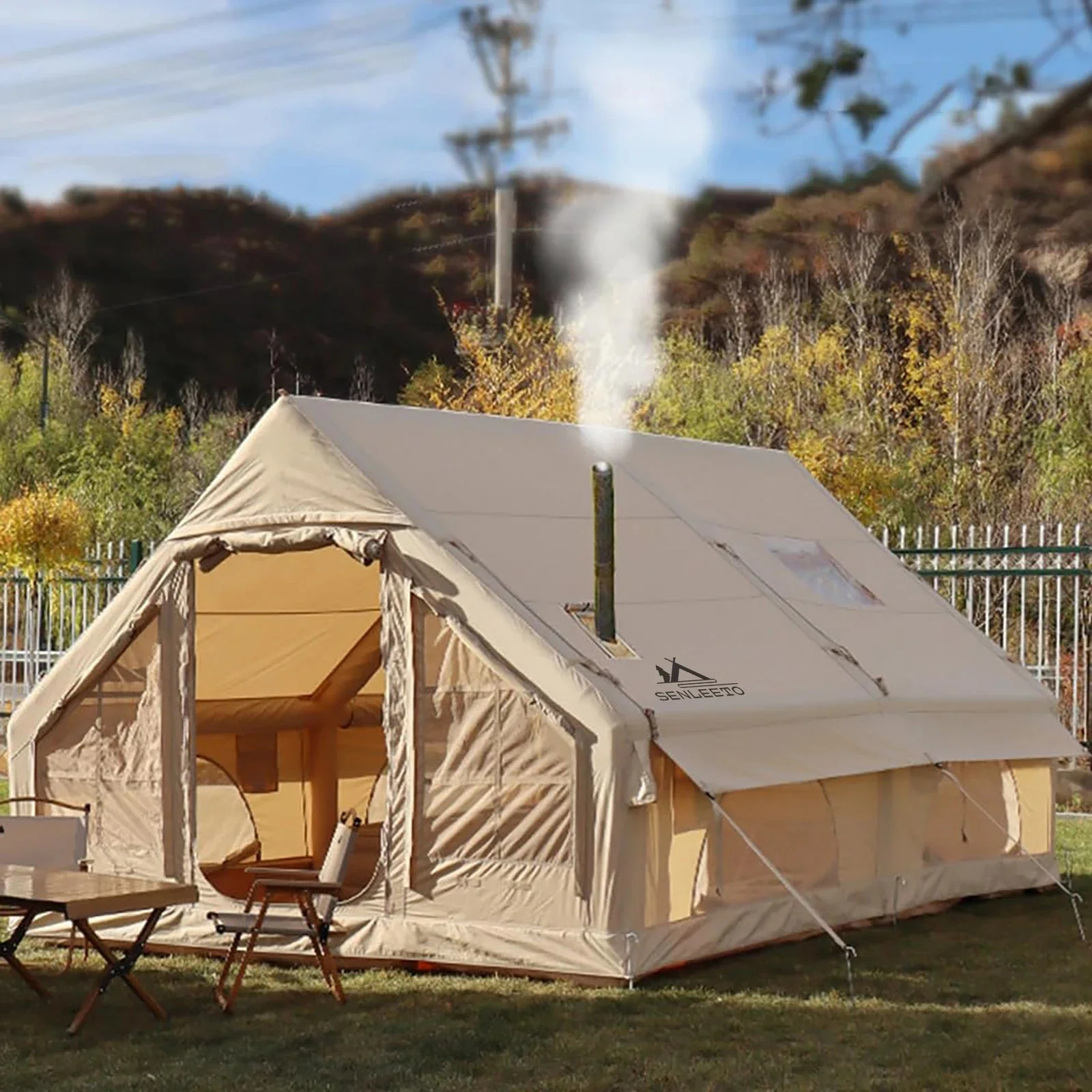High-Grade SENLEETO Portable Inflatable Camping Tent – 2 to 8 Person 420D Oxford 4-Season Blow-Up Tent with Skylight Stove Jack AC Vent Smart