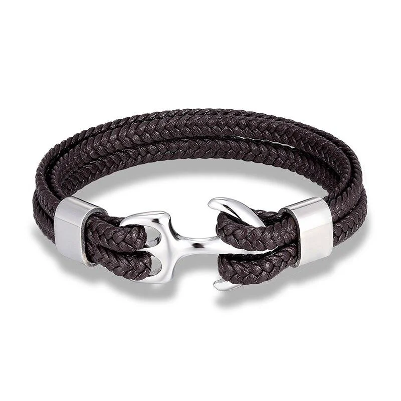 Top-Quality Anchor Brown Braided Leather Bracelet Elegant