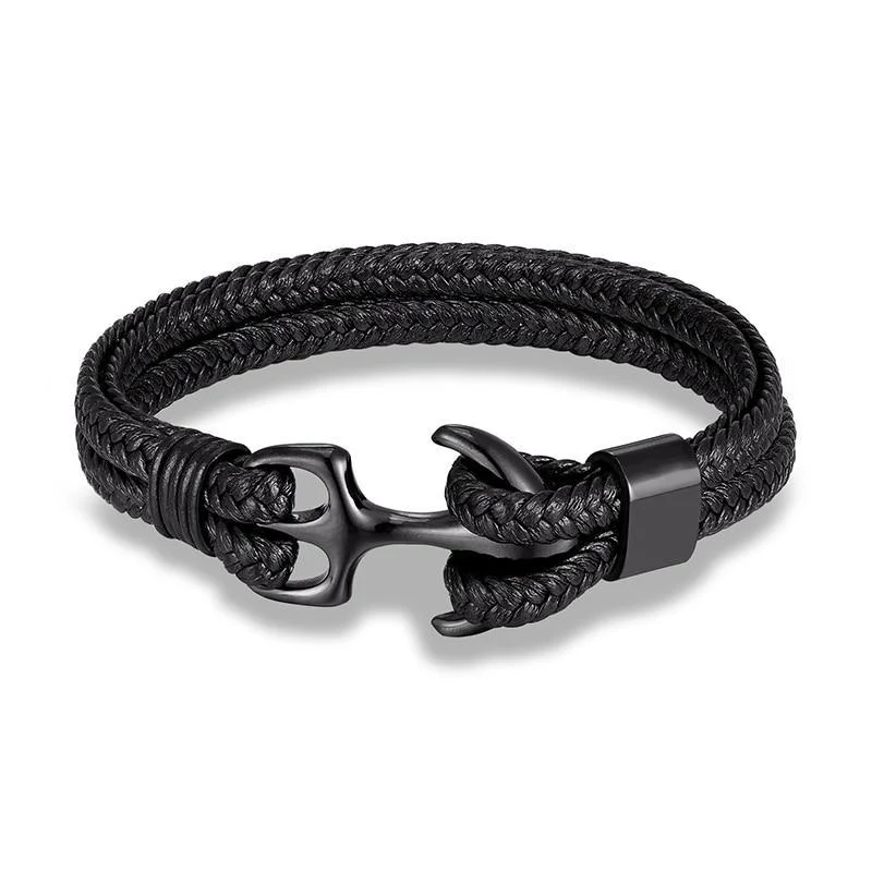 Lightweight Anchor Black Braided Leather Bracelet Solid